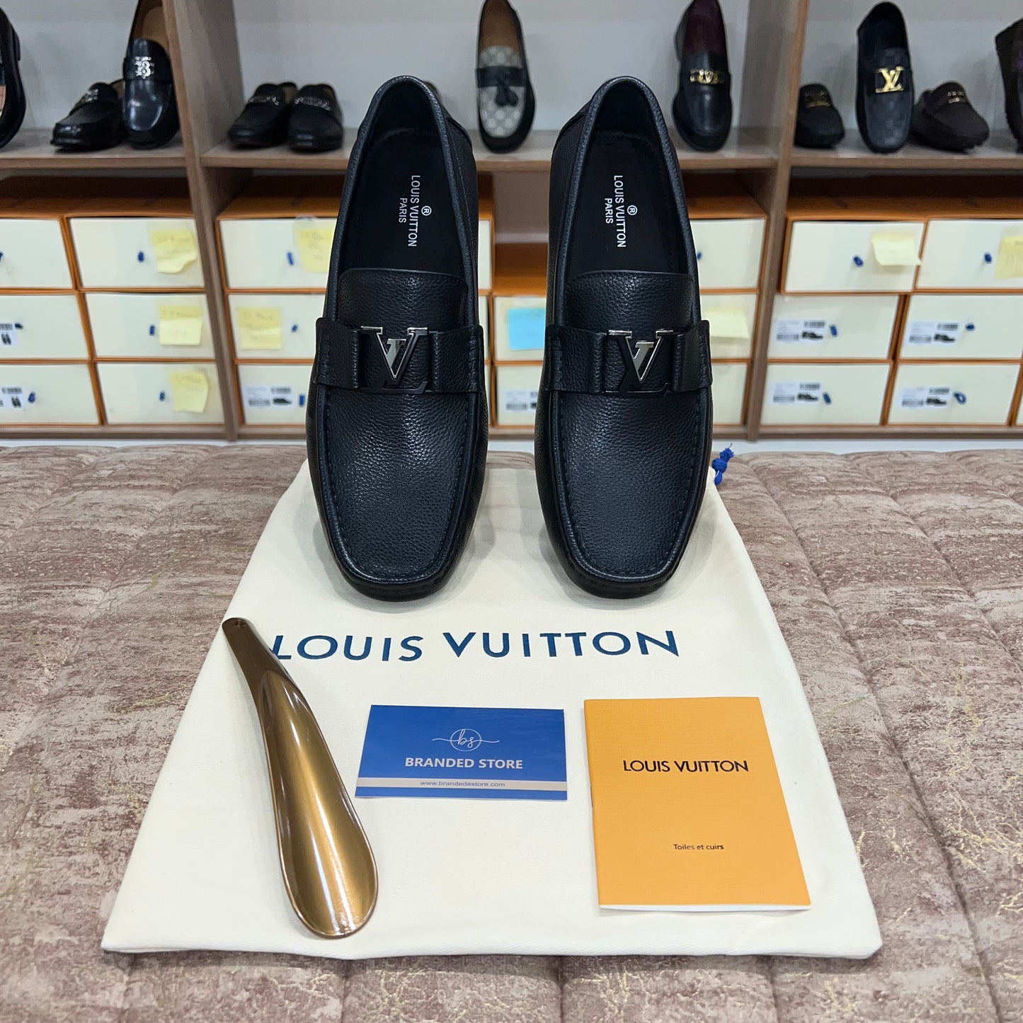 Louis Vuitton Texture Black Silver Logo Normal Loafer