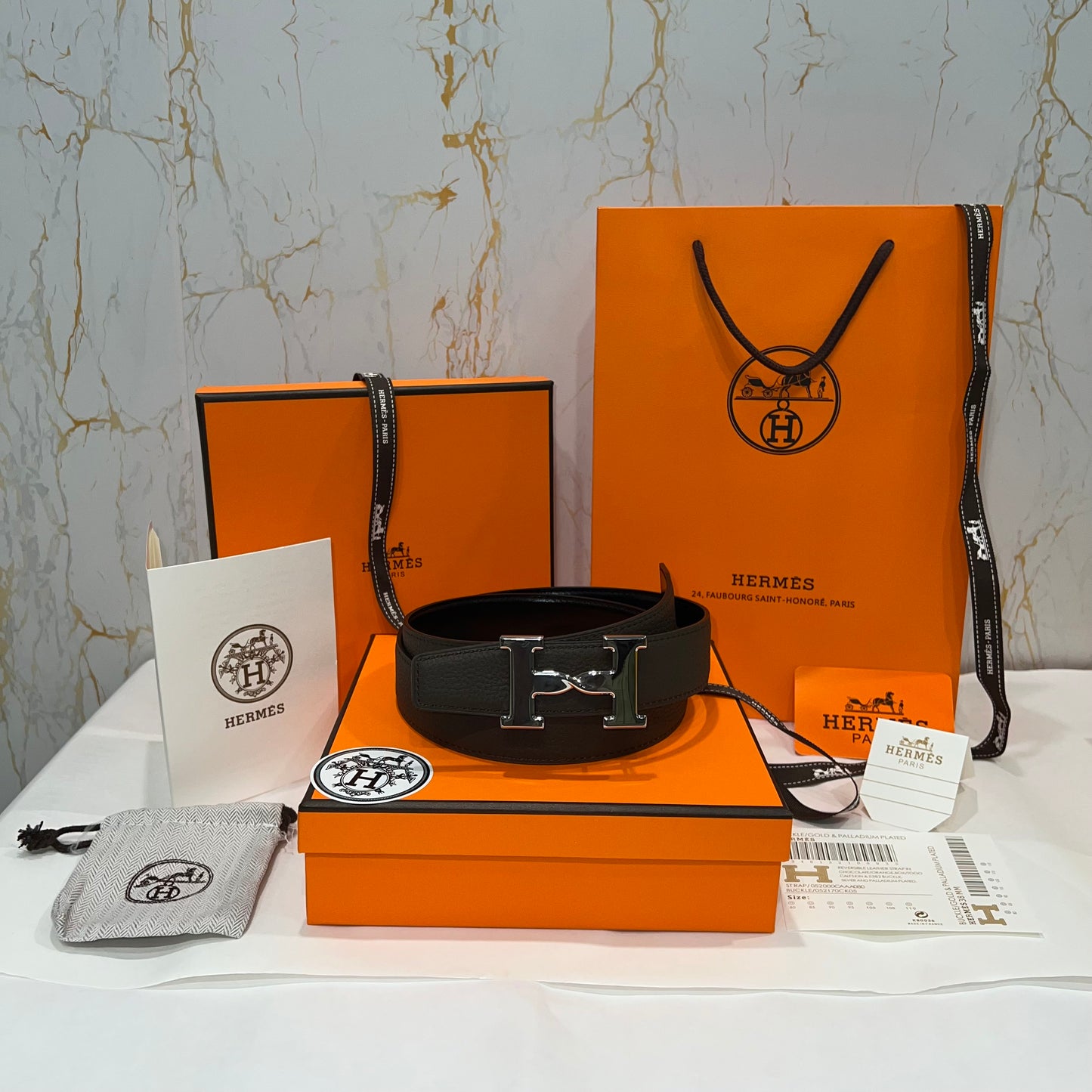 Hermes H Silver Buckle Belt Reversible Black/ Dark Brown