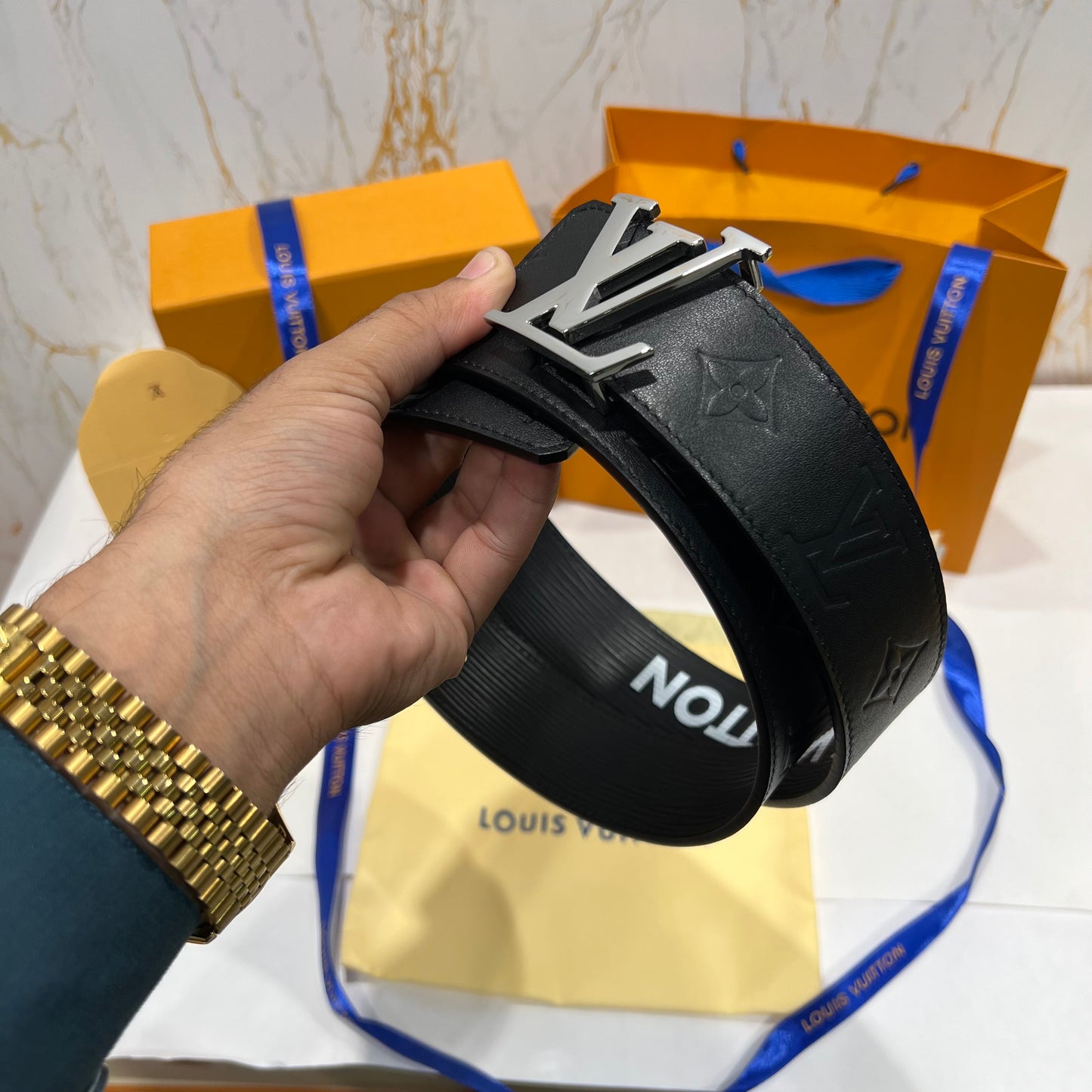 LV Silver Logo Reversible Belt Black