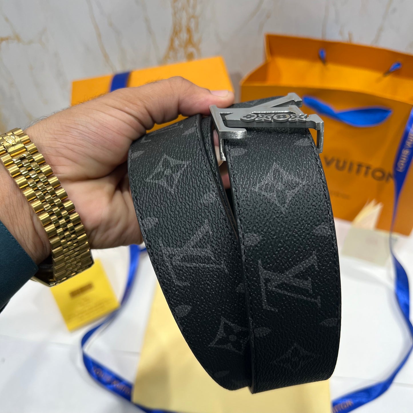LV Silver Logo Grey Printed Reversible Belt Black