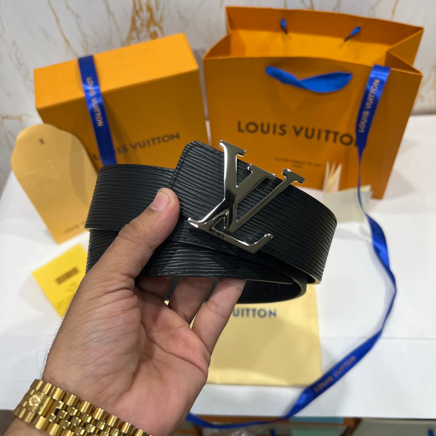 LV Silver Logo Reversible Belt Black
