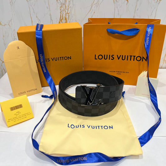 LV Silver Logo Check Reversible Belt Black/Grey
