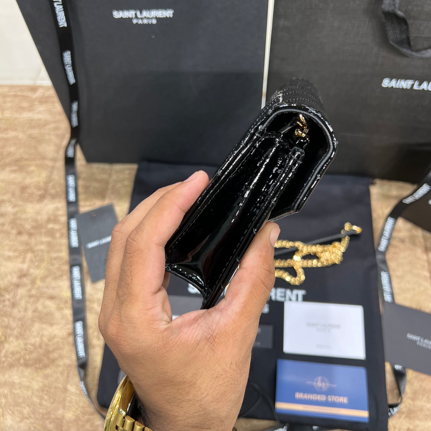 YSL College Mini Chain In Shiny Leather Bag Black