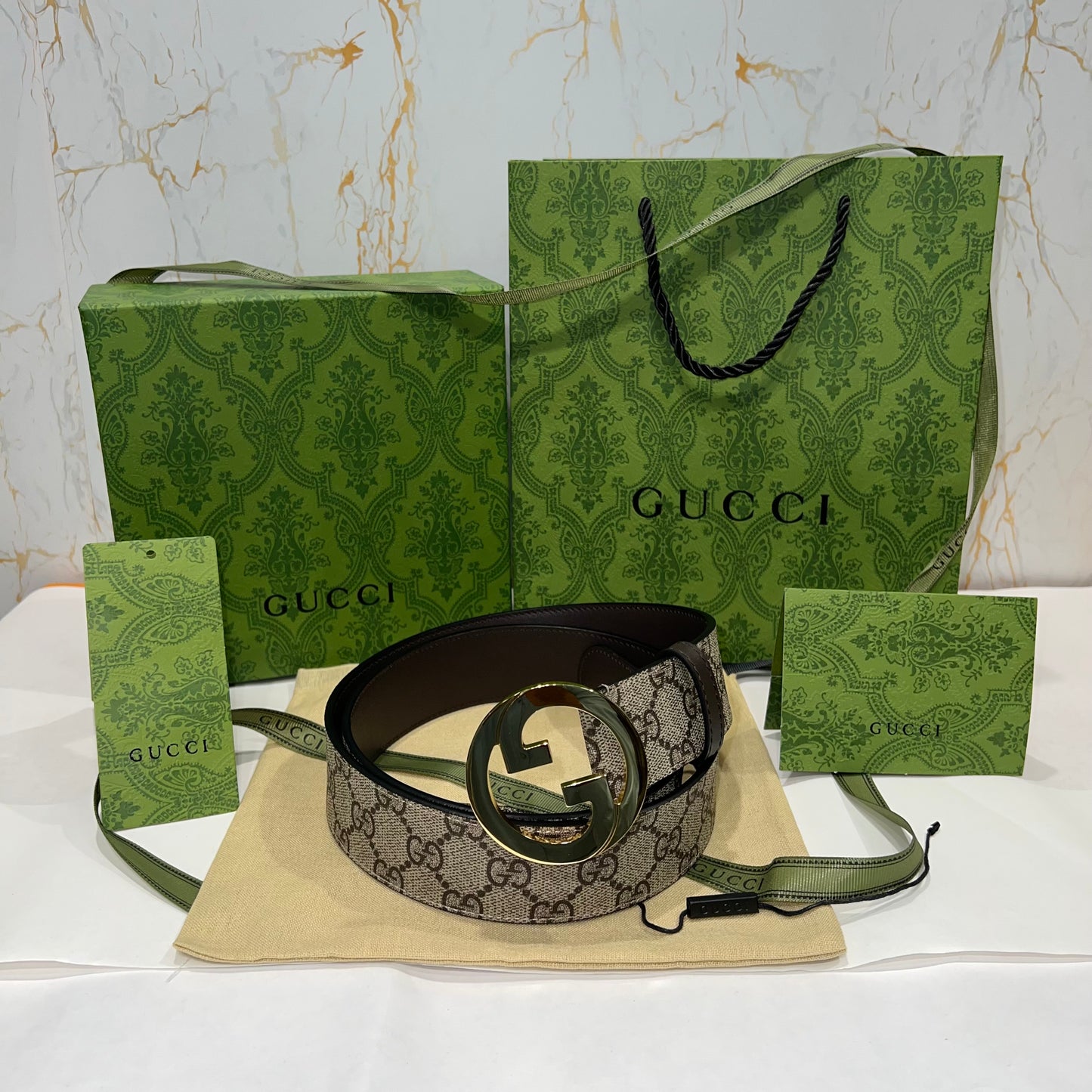 Gucci Interlocking G Golden Buckle Supreme Belt Brown