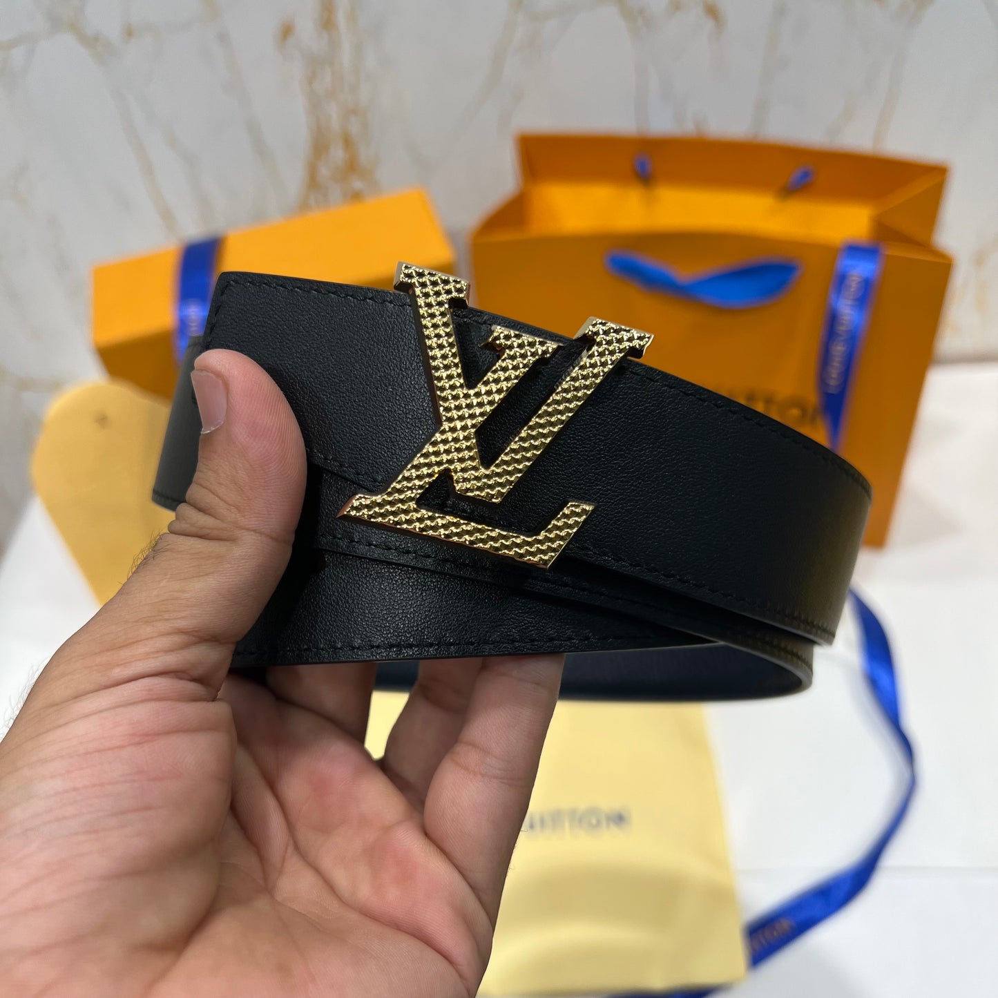 LV Golden Logo Reversible Belt Black/Blue