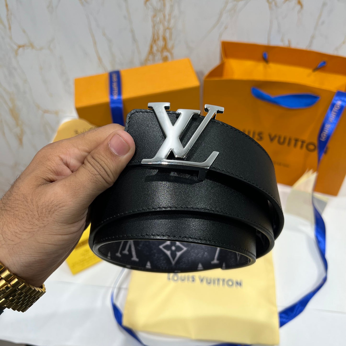 LV Silver Logo Reversible Belt Black / White Printed