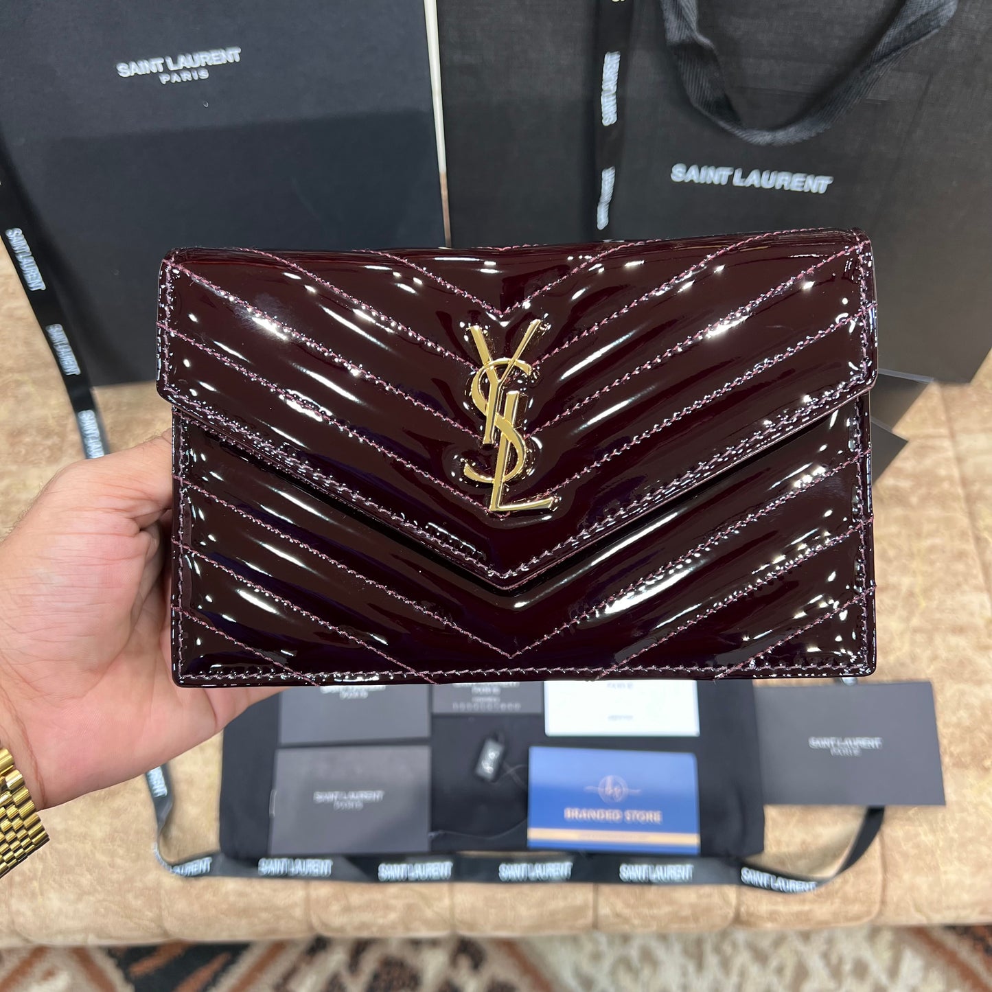 YSL College Mini Chain In Shiny Leather Bag Maroon