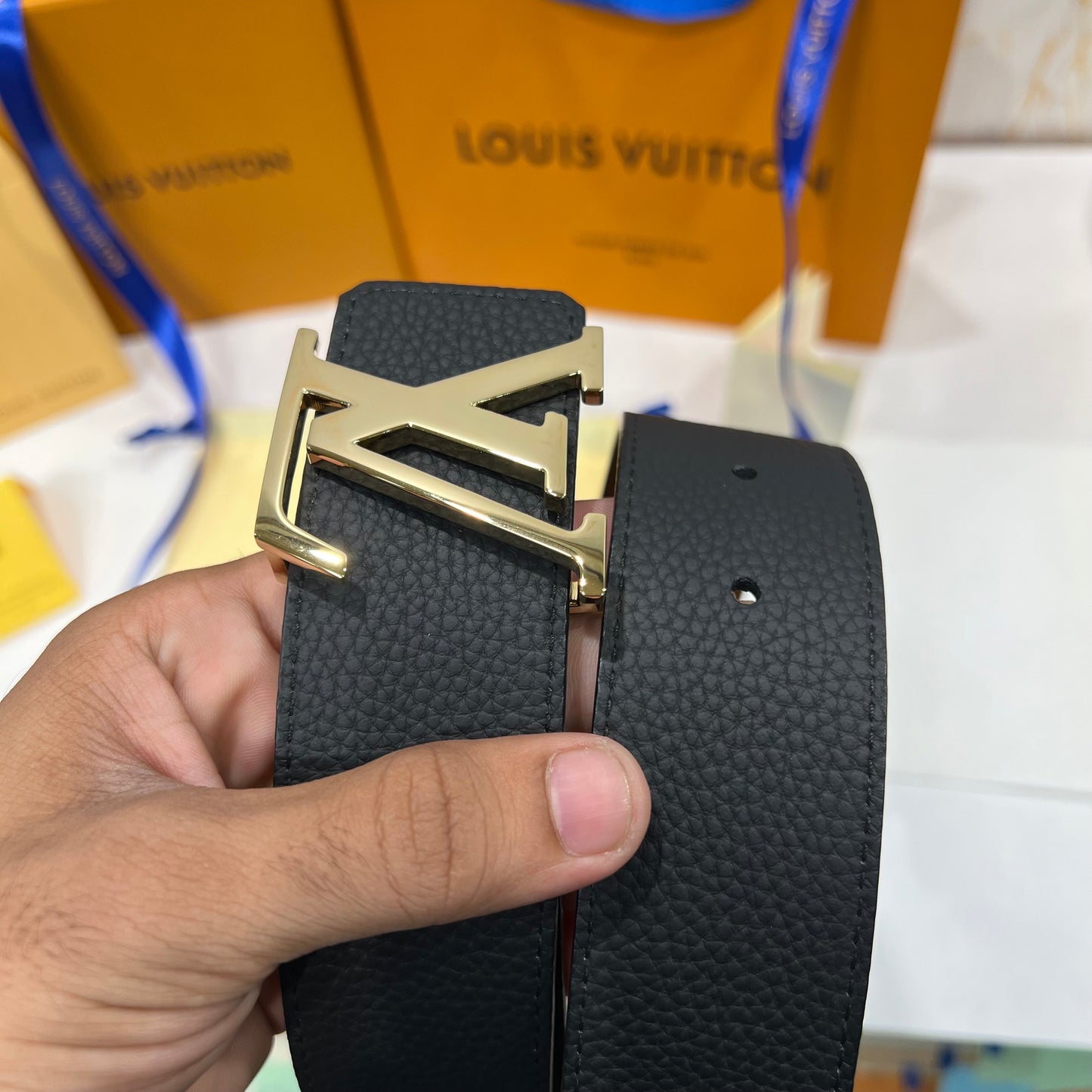 LV Golden Logo Reversible Textured Belt Black/Brown