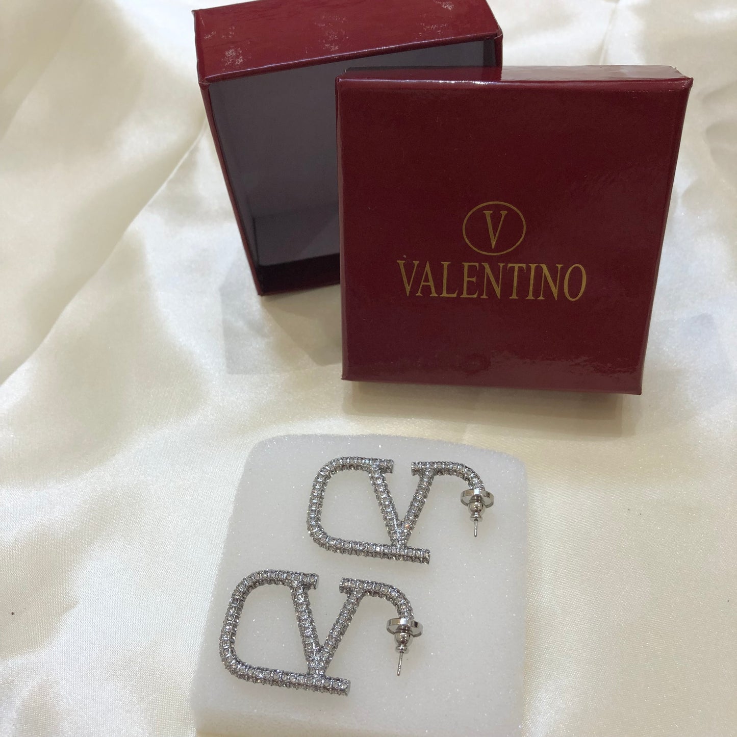 Valentino V Logo Silver White Earrings