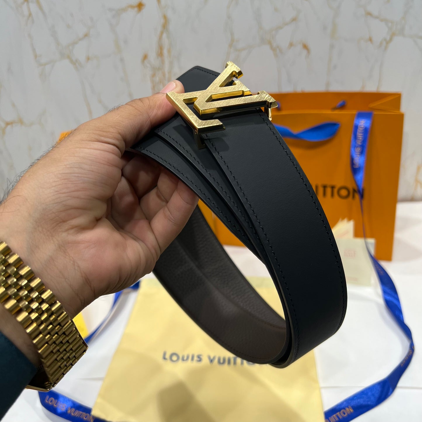 LV Golden Logo Reversible Belt Texture Brown/Black