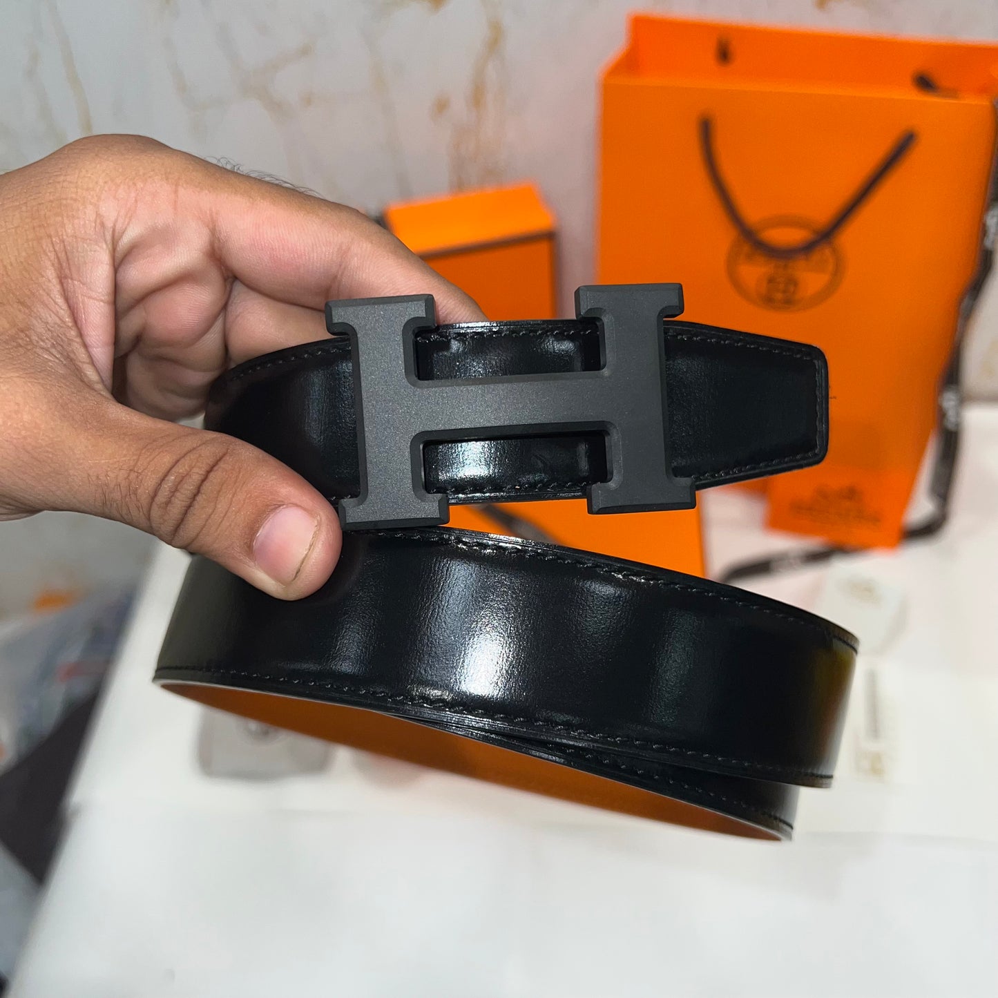 Hermes H Black Buckle Belt Reversible Black/Orange