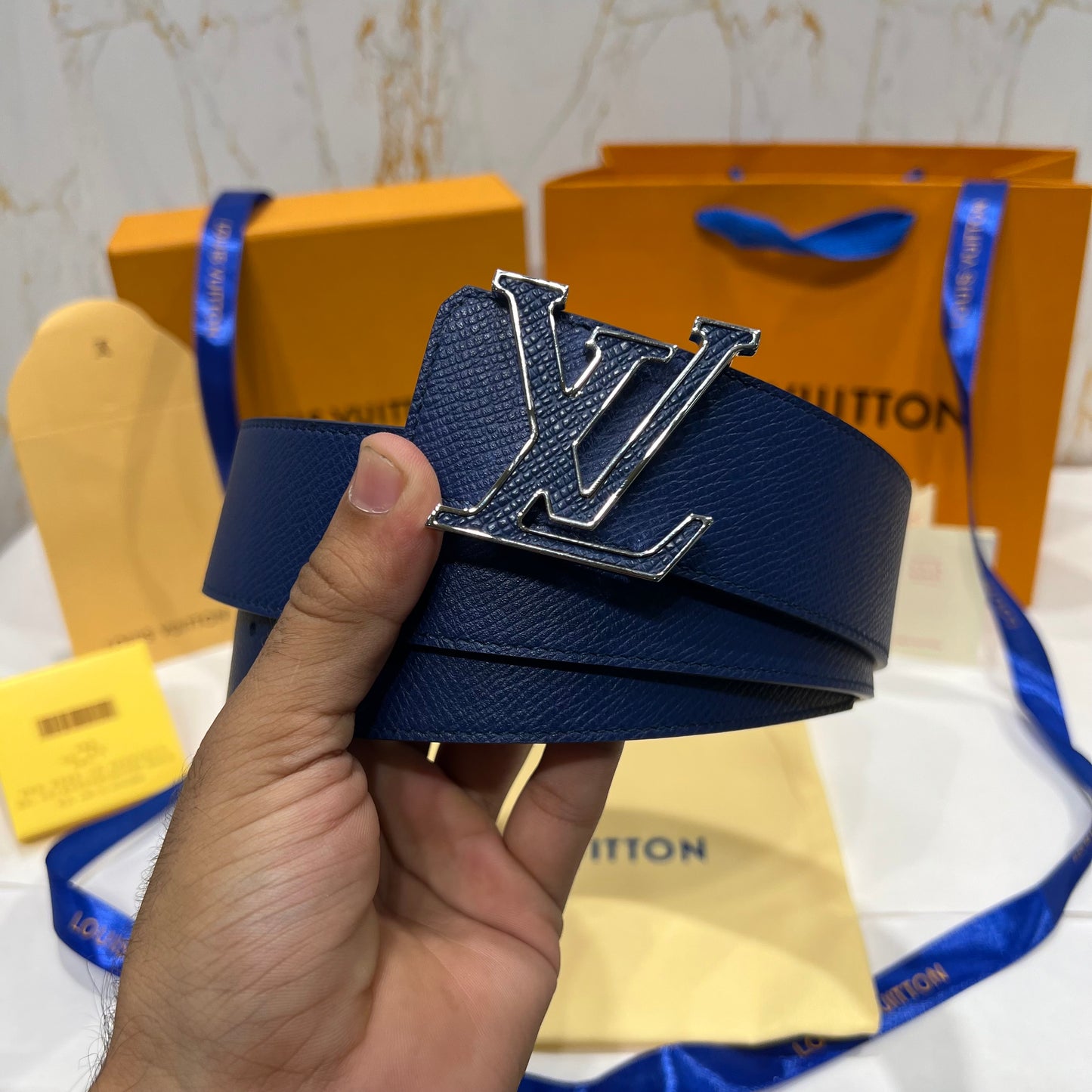 LV Blue Logo Printed Reversible Belt Blue