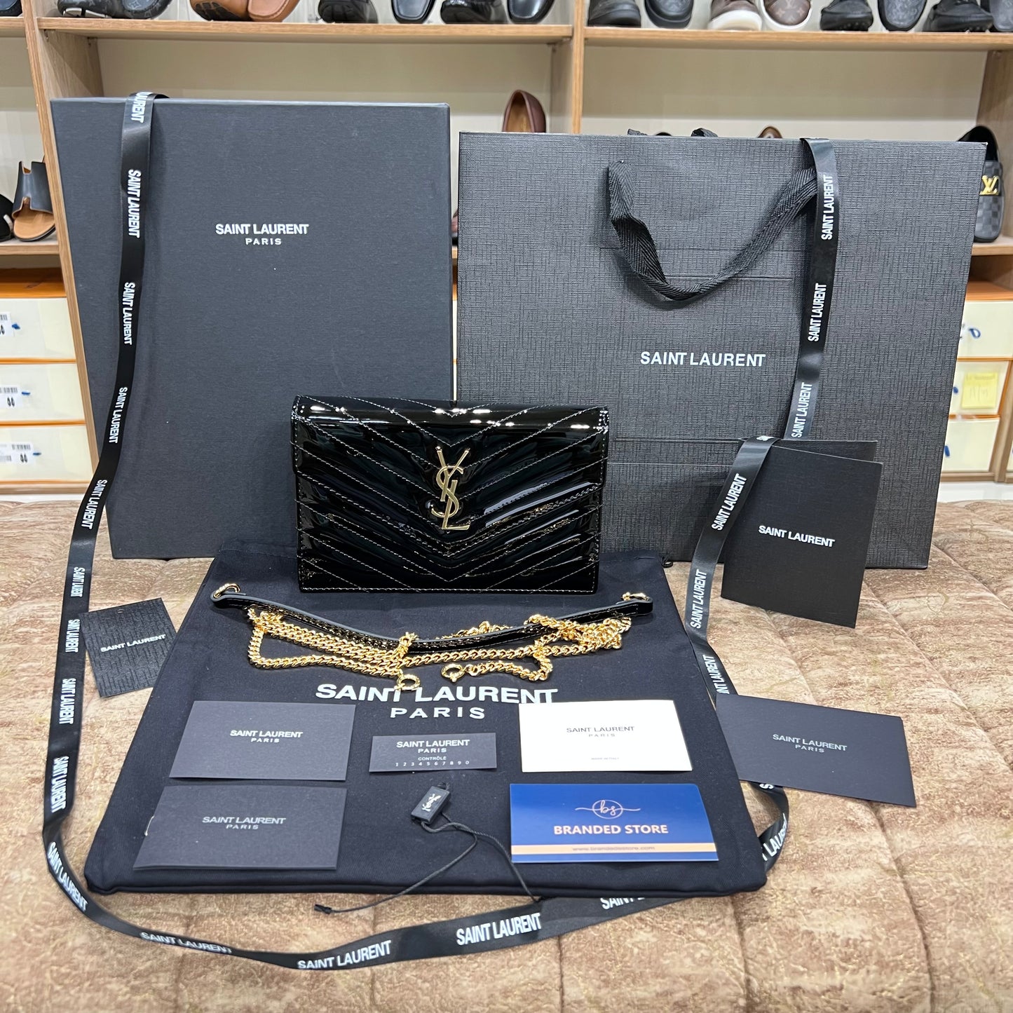 YSL College Mini Chain In Shiny Leather Bag Black