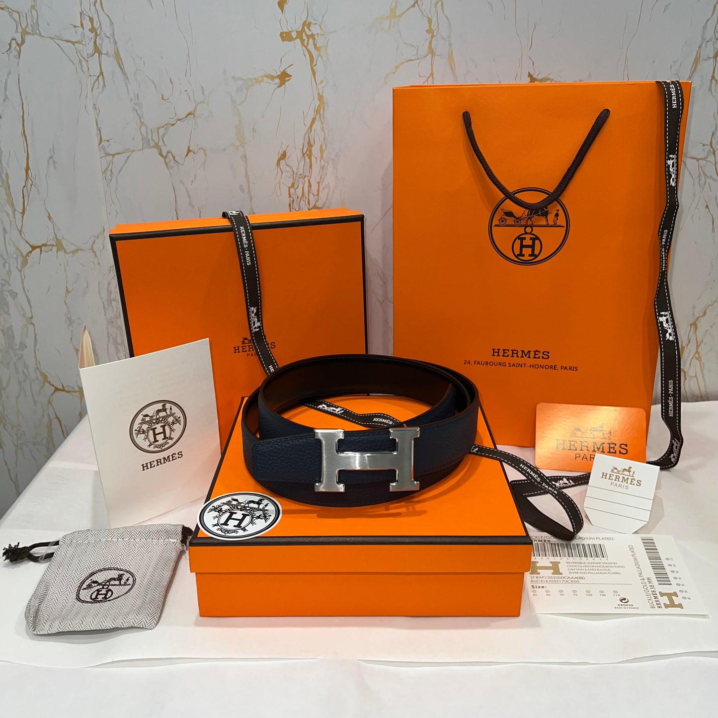Hermes H Silver Buckle Belt Reversible Black / Blue
