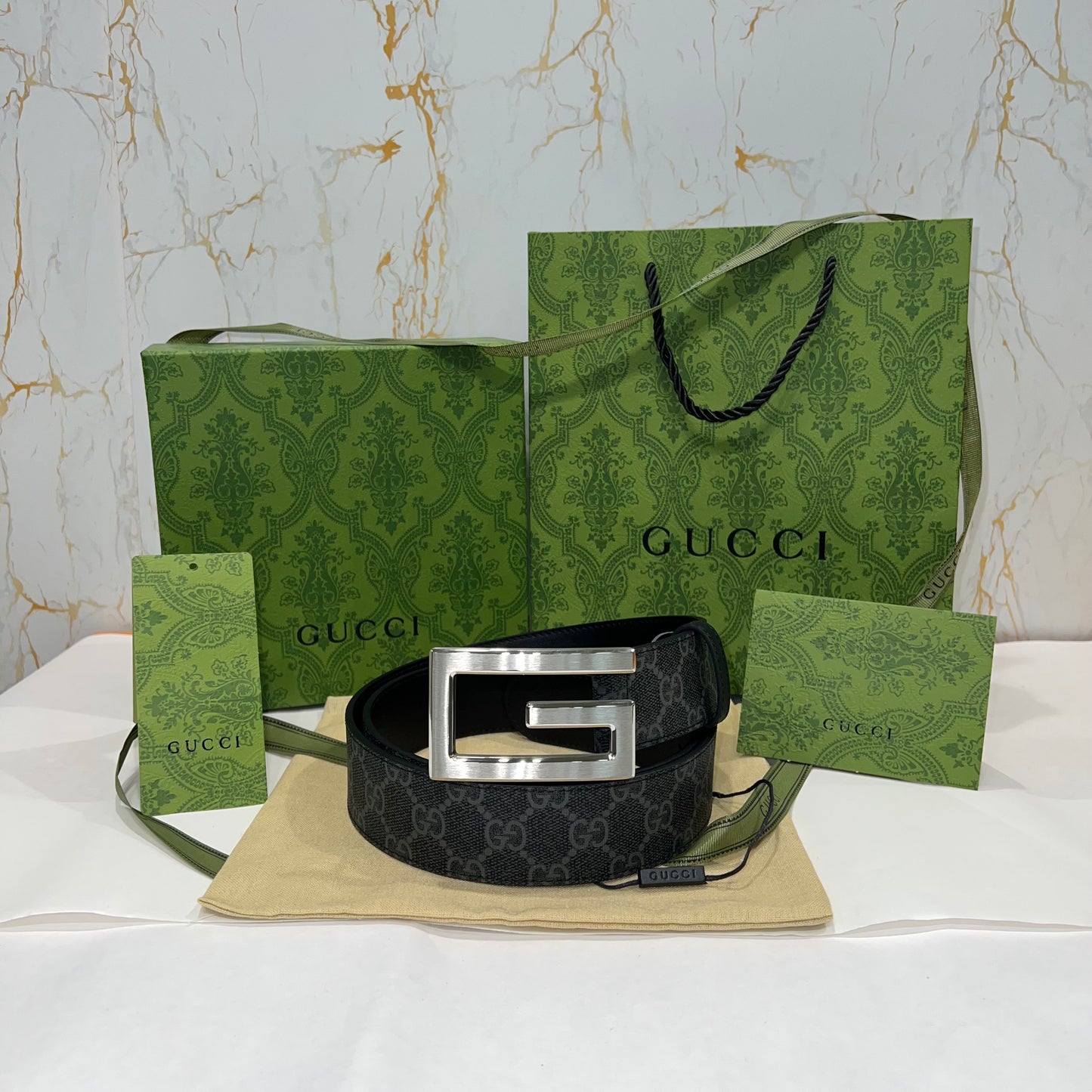 Gucci Silver G Buckle Supreme Belt Grey