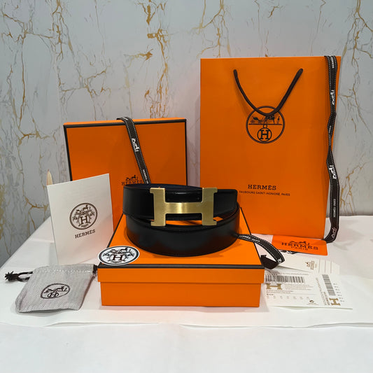 Hermes H Golden Buckle Belt Reversible Black/Blue