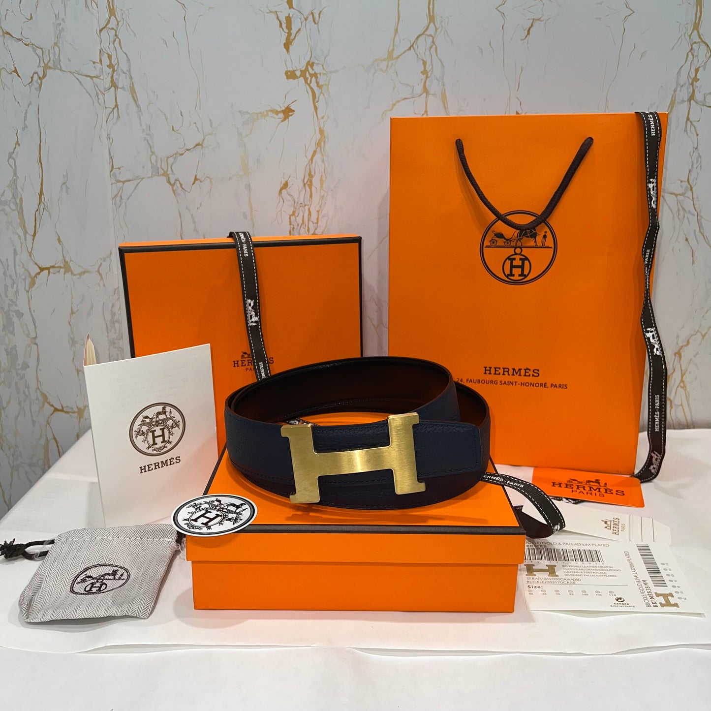 Hermes H Golden Buckle Belt Reversible Black/Blue
