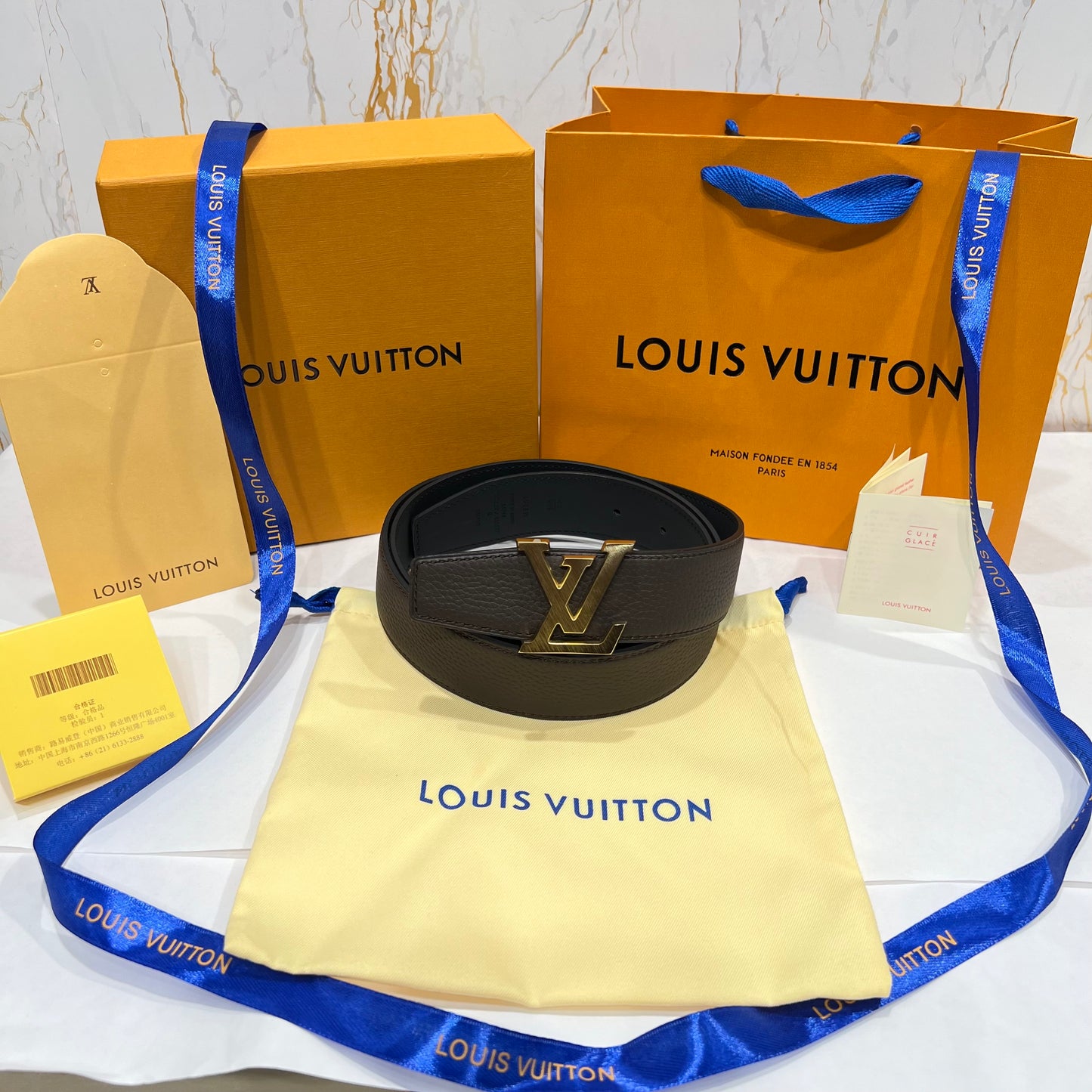 LV Golden Logo Reversible Belt Texture Brown/Black