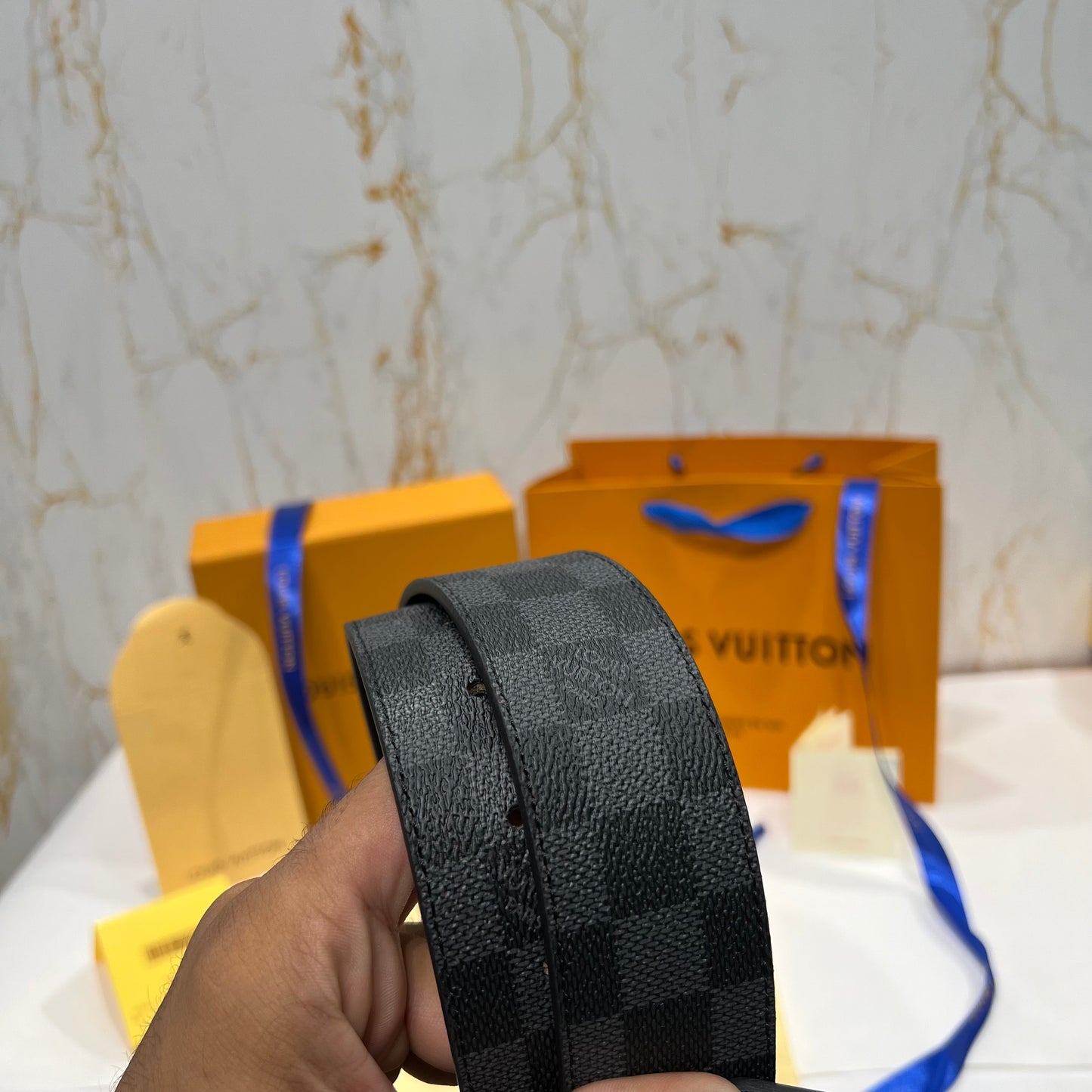 LV Black Logo Grey Check Reversible Belt