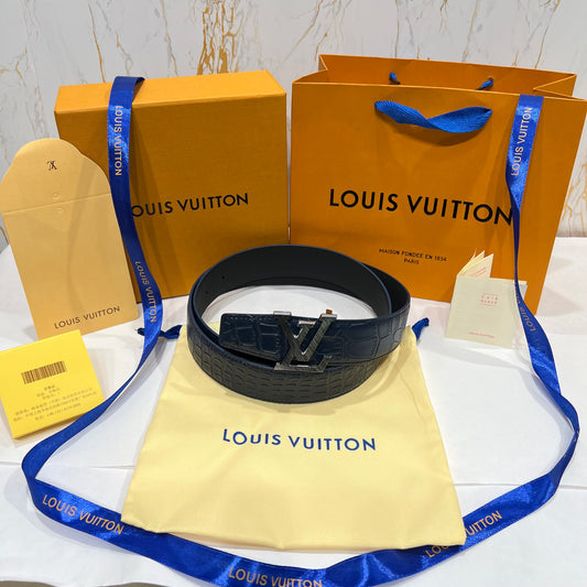 LV Silver Logo Blue Crocodile Skin Reversible Belt