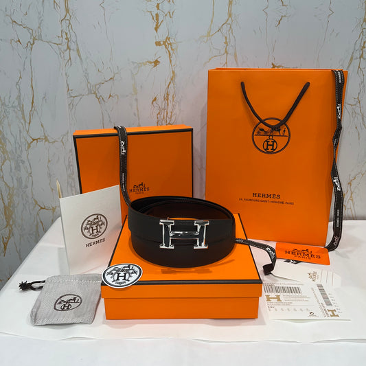 Hermes H Silver/Black Buckle Belt Reversible Black/Brown