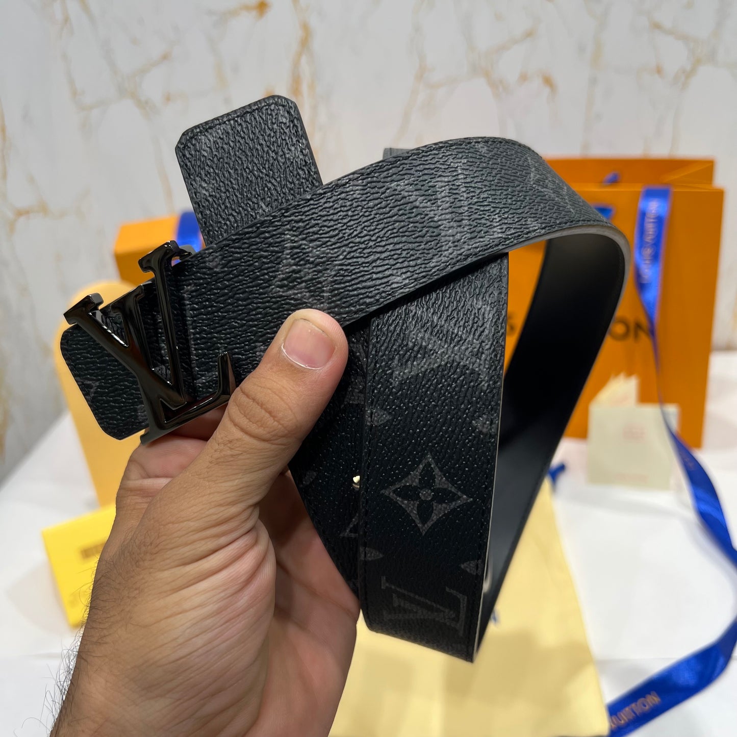 LV Silver Logo Grey Printed Reversible Belt
