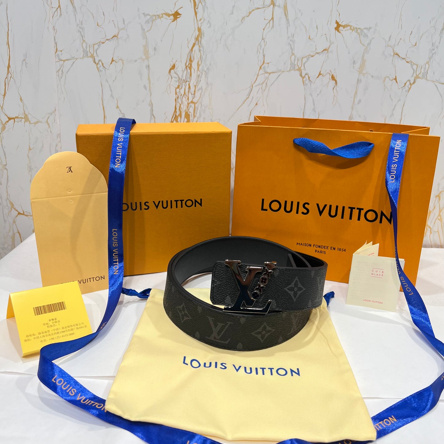 LV Silver Logo Grey Printed Reversible Belt Black