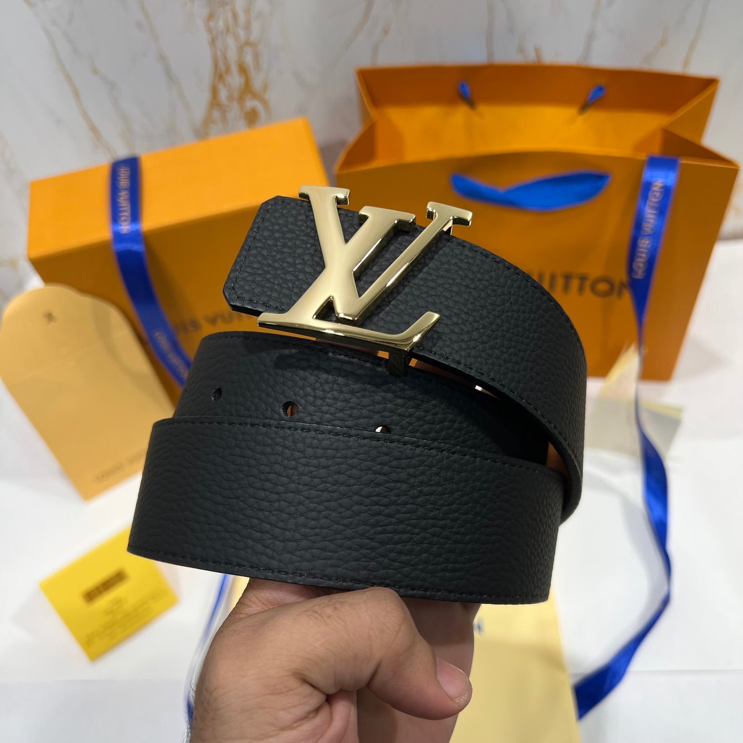 LV Golden Logo Reversible Textured Belt Black/Brown