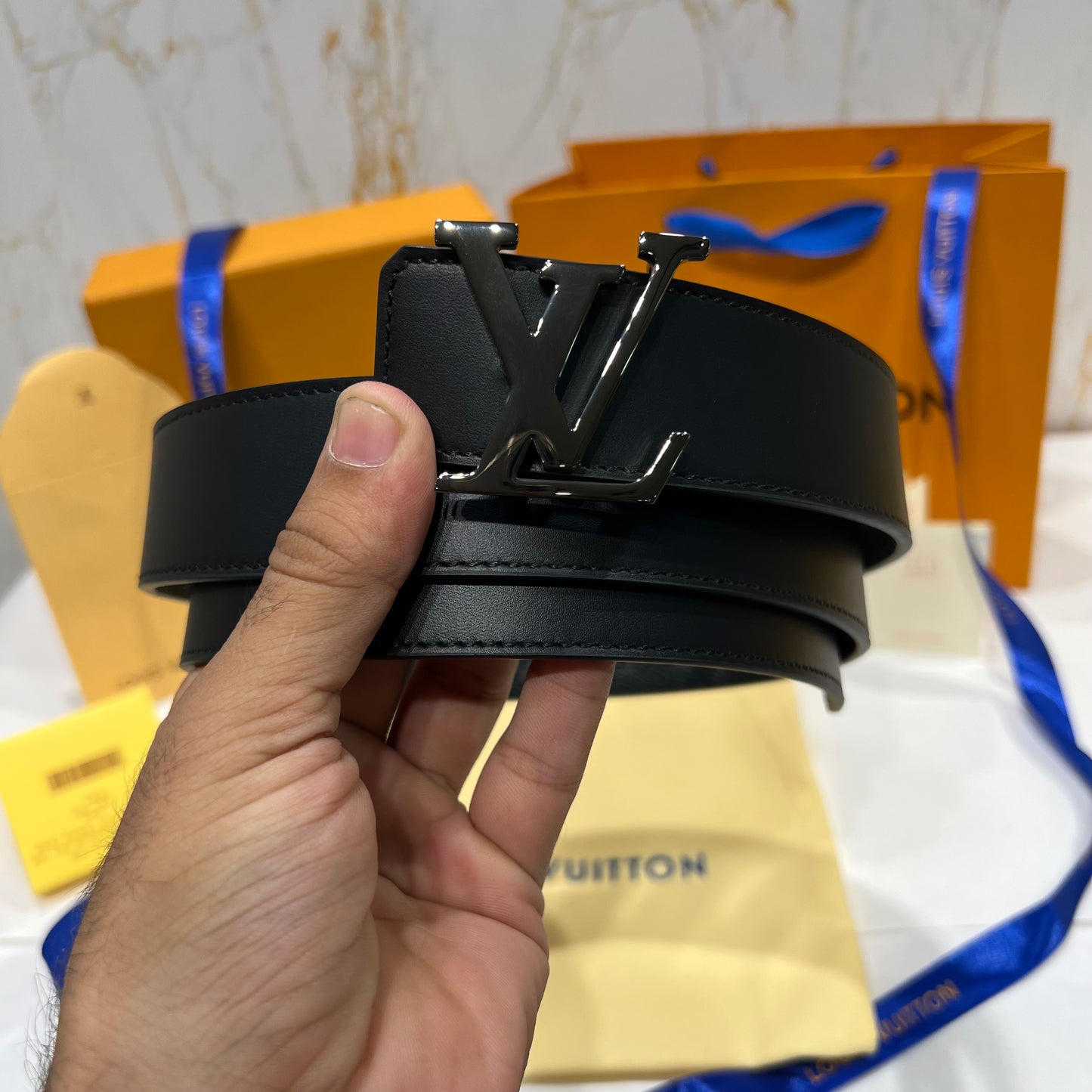 LV Silver Logo Grey Printed Reversible Belt