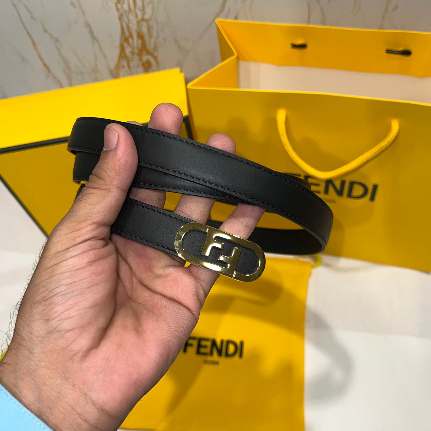 Fendi FF Round Buckle Slim Belt Black