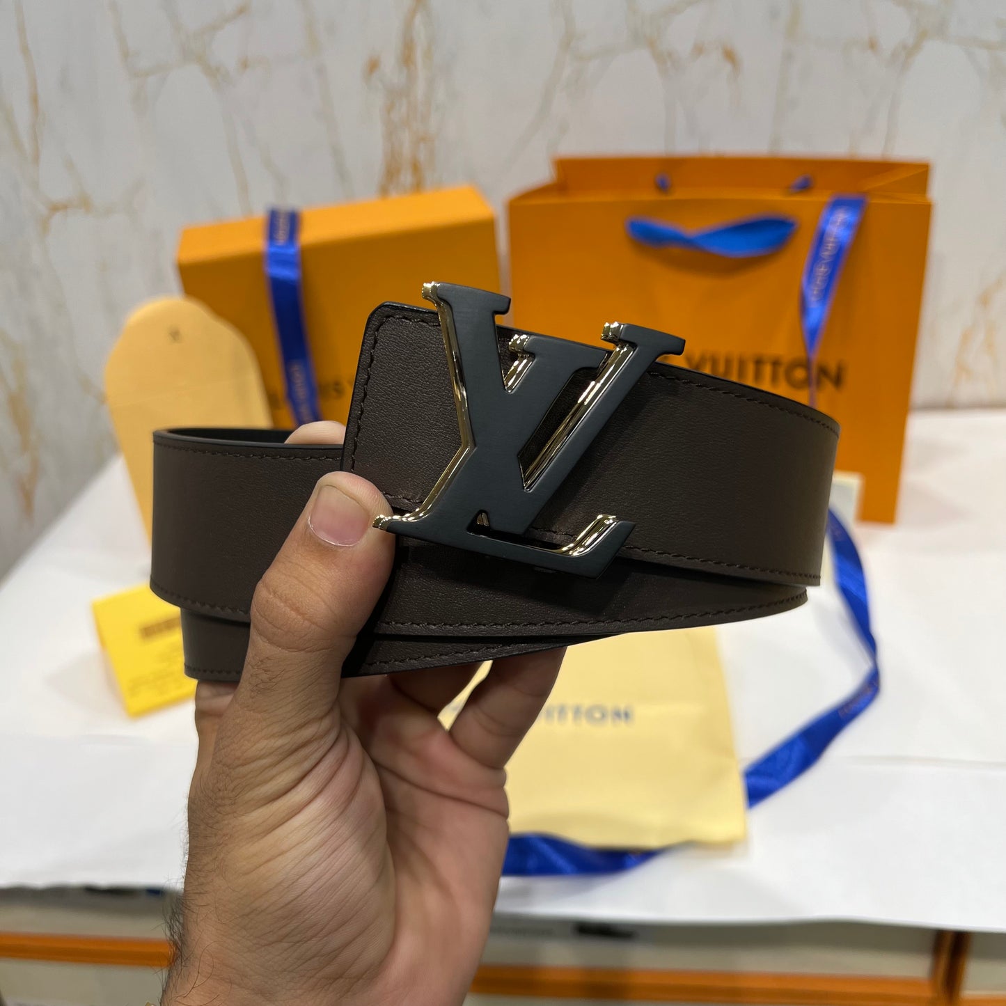 LV Triple Logo Belt Brown Pattern Black/Brown