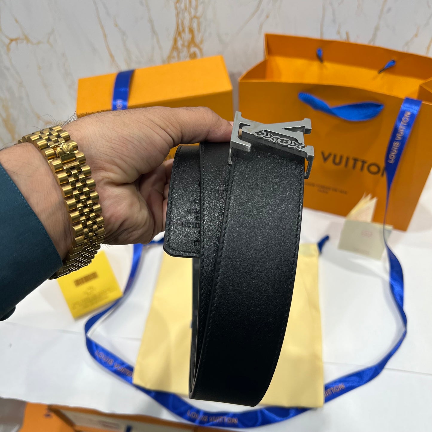 LV Silver Logo Grey Printed Reversible Belt Black