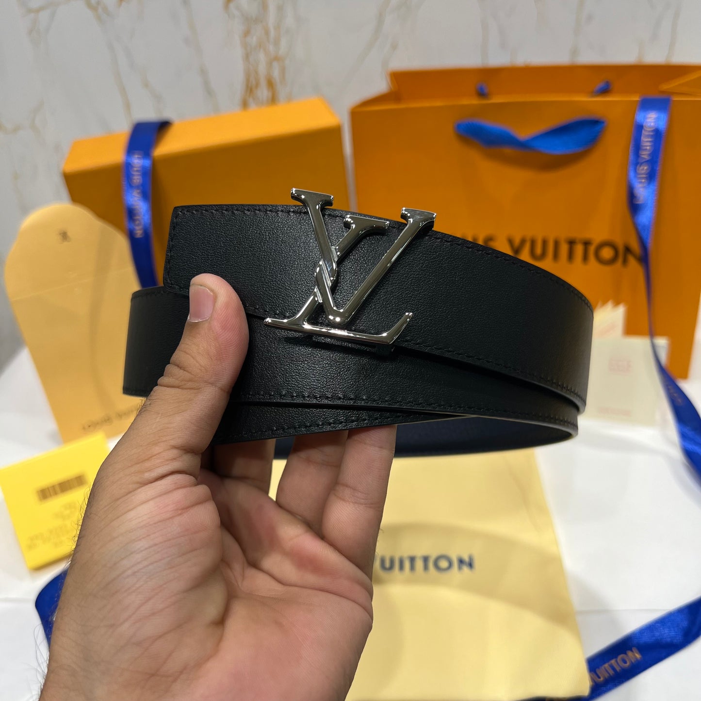 LV Silver Logo Reversible Belt Blue/Black