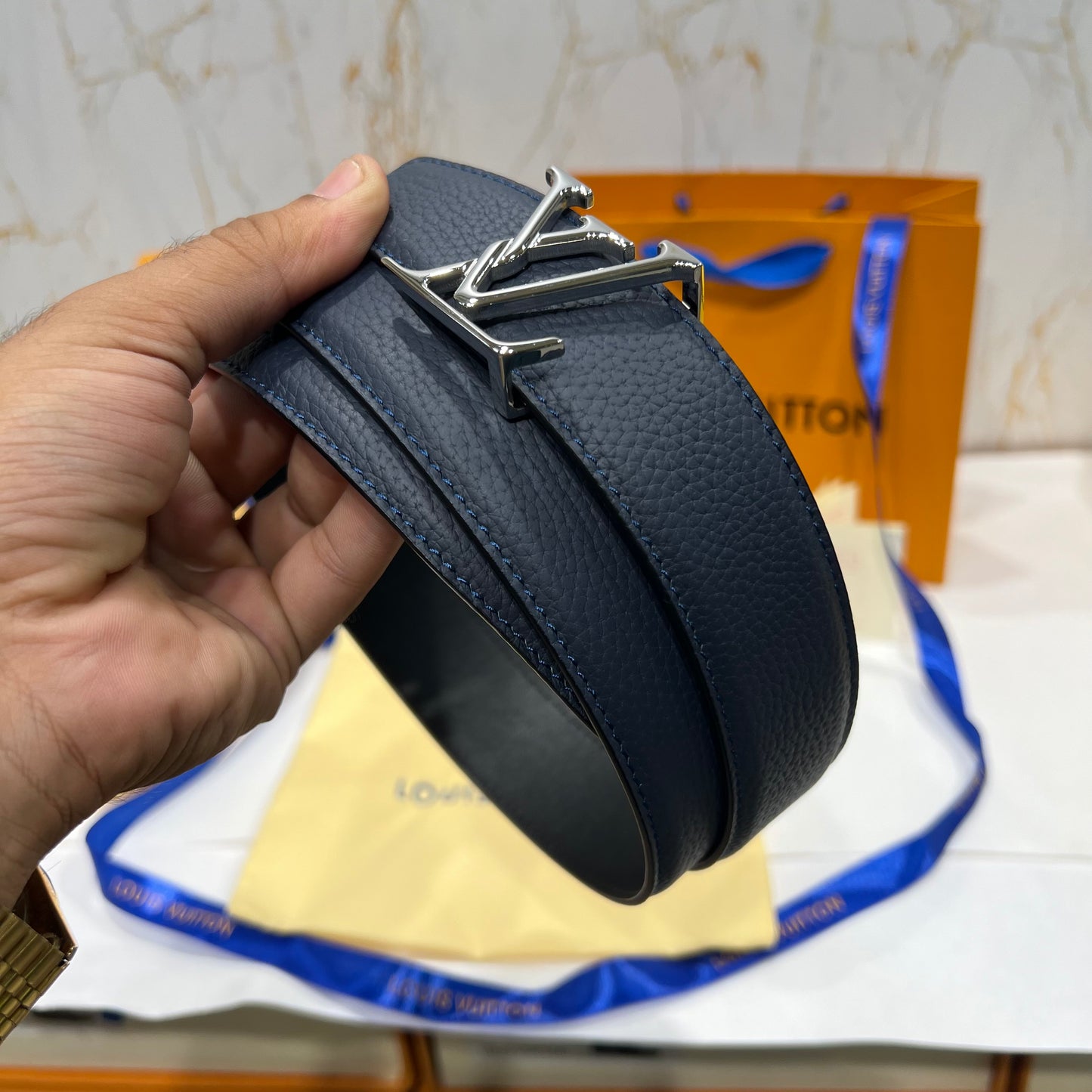 LV Silver Logo Reversible Belt Blue/Black