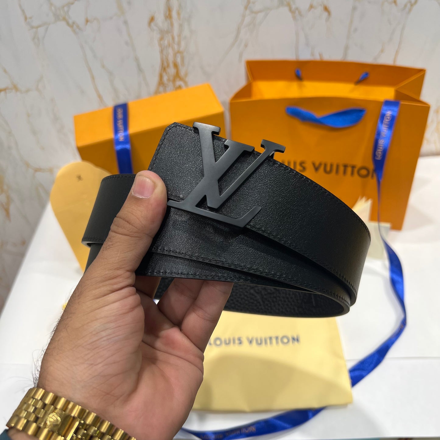 LV Black Logo Embossed Reversible Belt Black