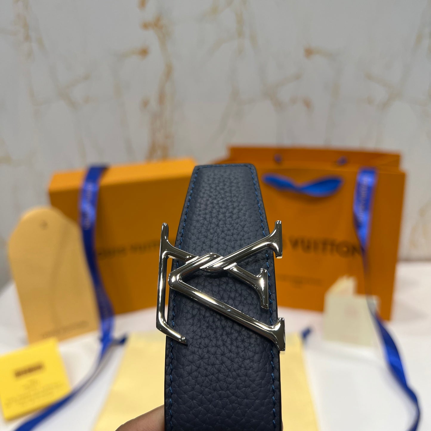 LV Silver Logo Reversible Belt Blue/Black