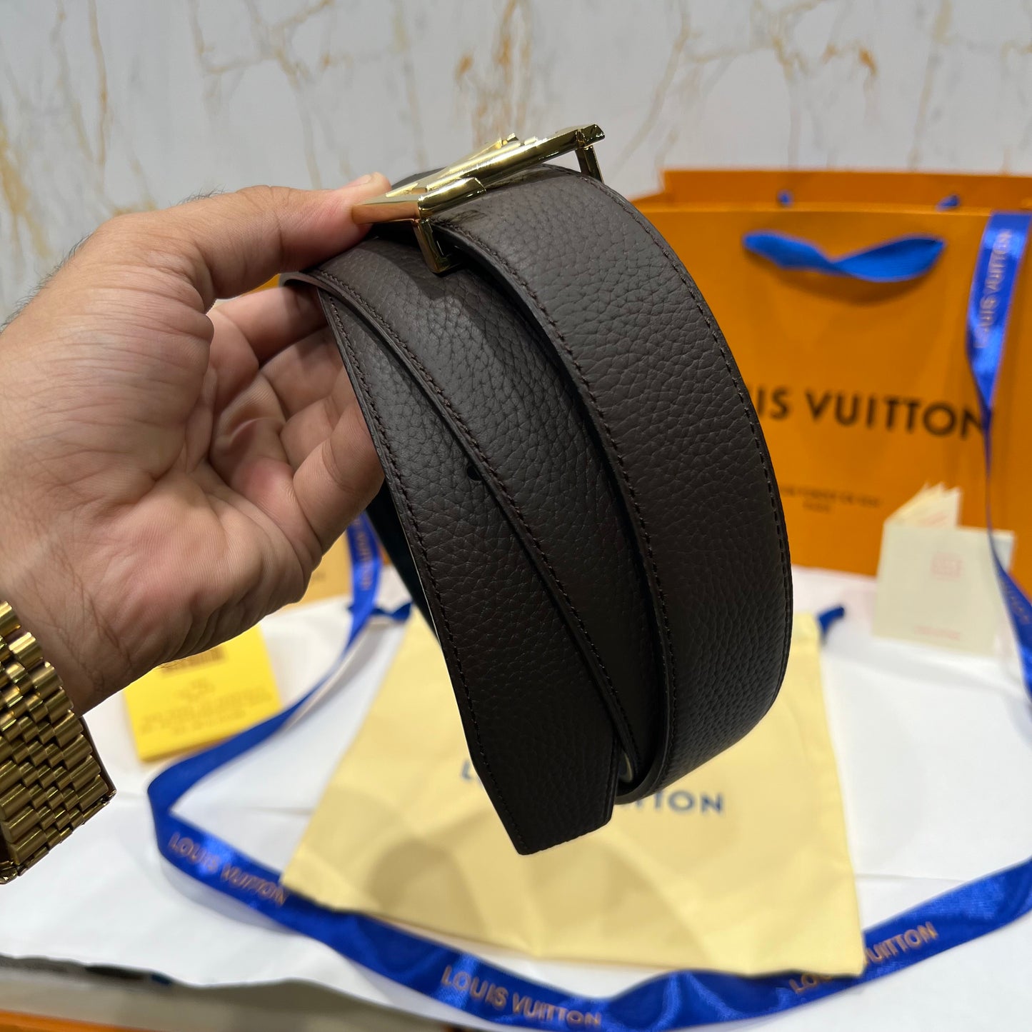 LV Golden Logo Reversible Belt Texture Brown/Black