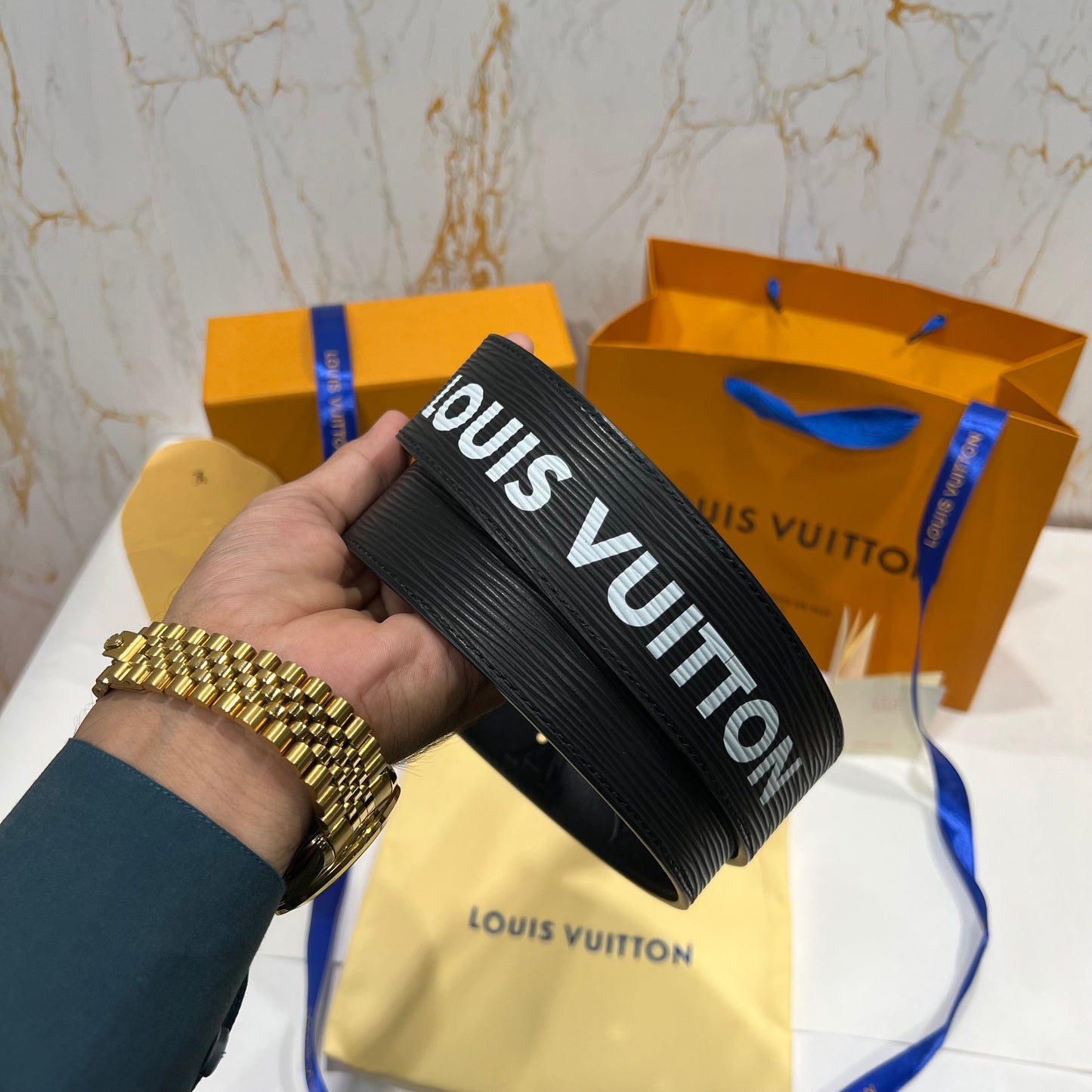 LV Silver Logo Reversible Belt Black