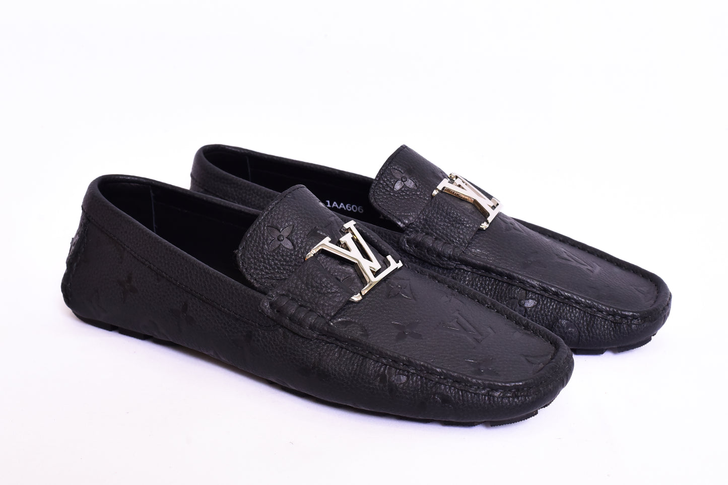 Louis.Vuitton Silver Logo Black Embossed Normal Loafers