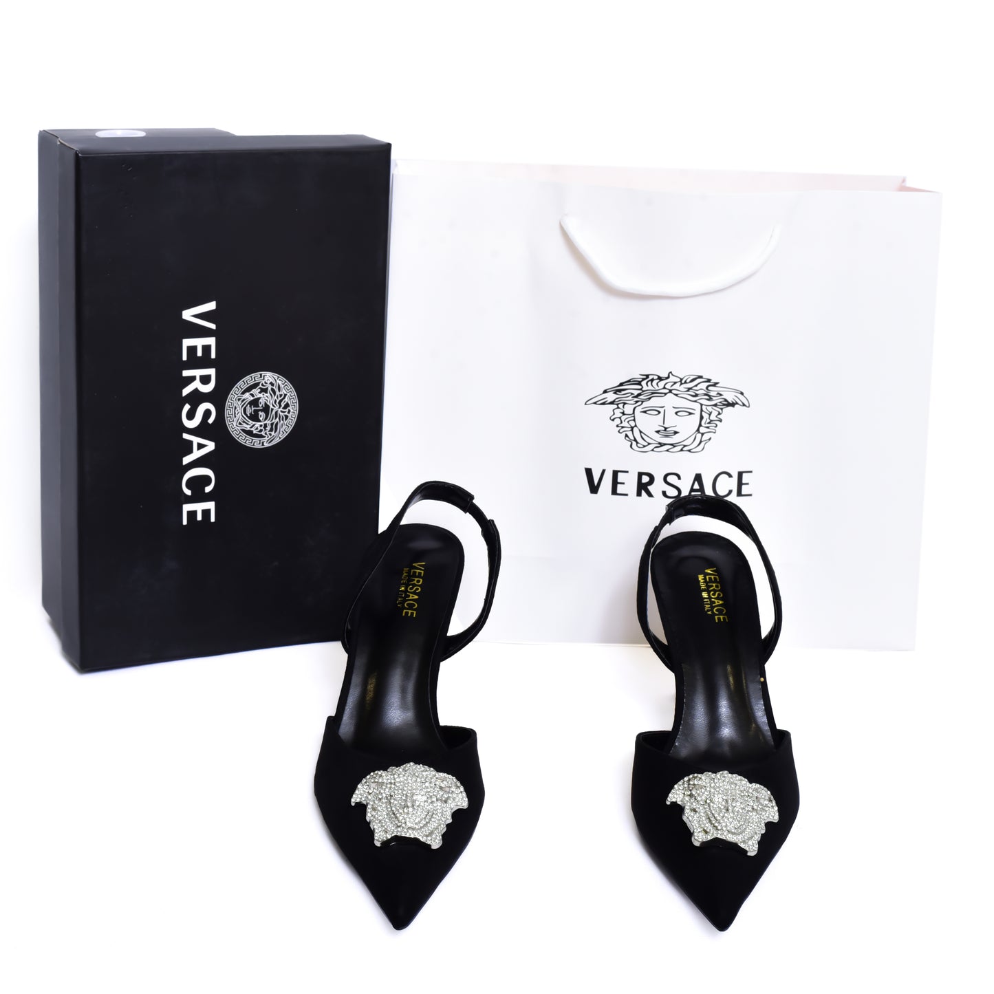 Versace Black Silver Logo Heel