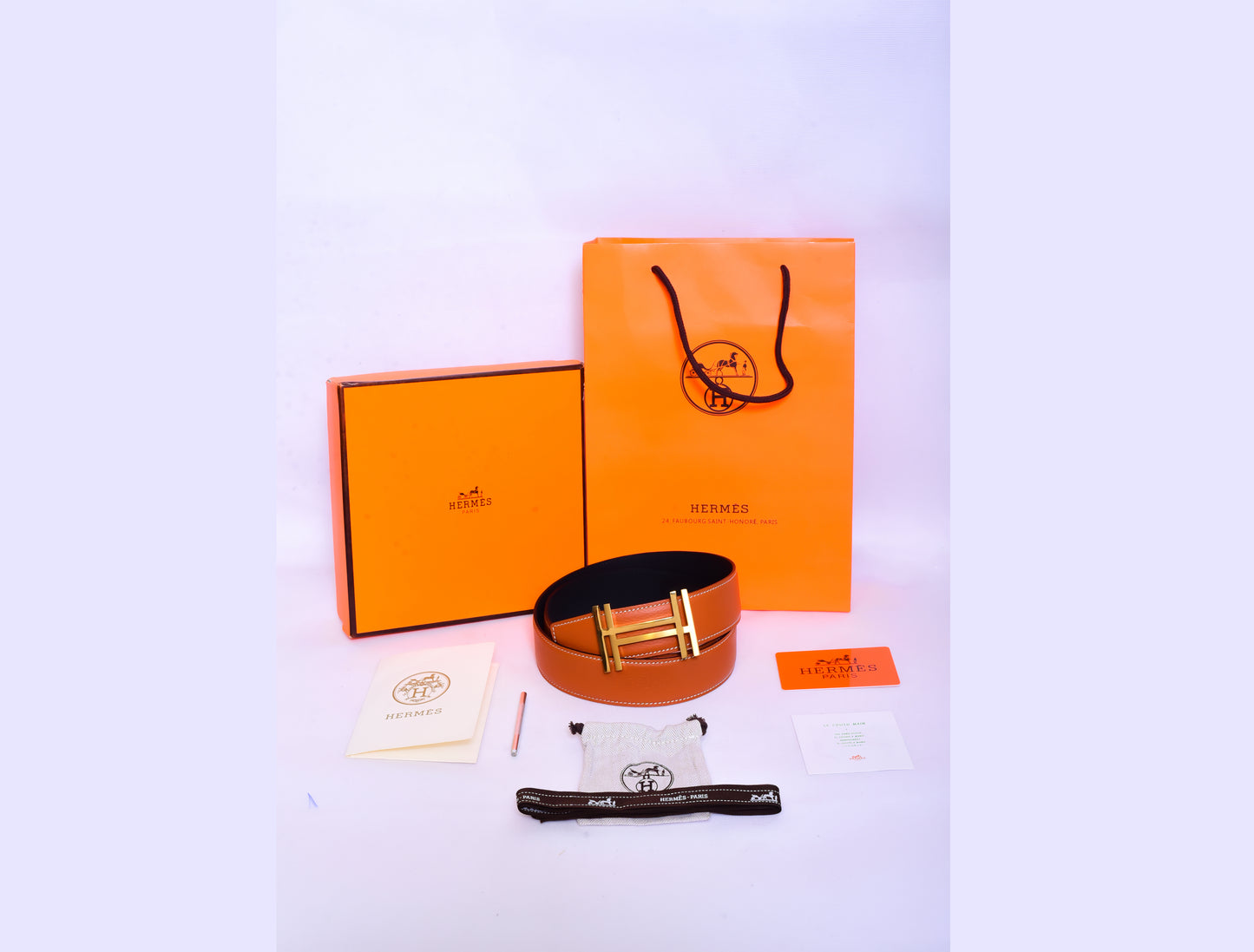 Hermes Golden Logo Orange Black Belt