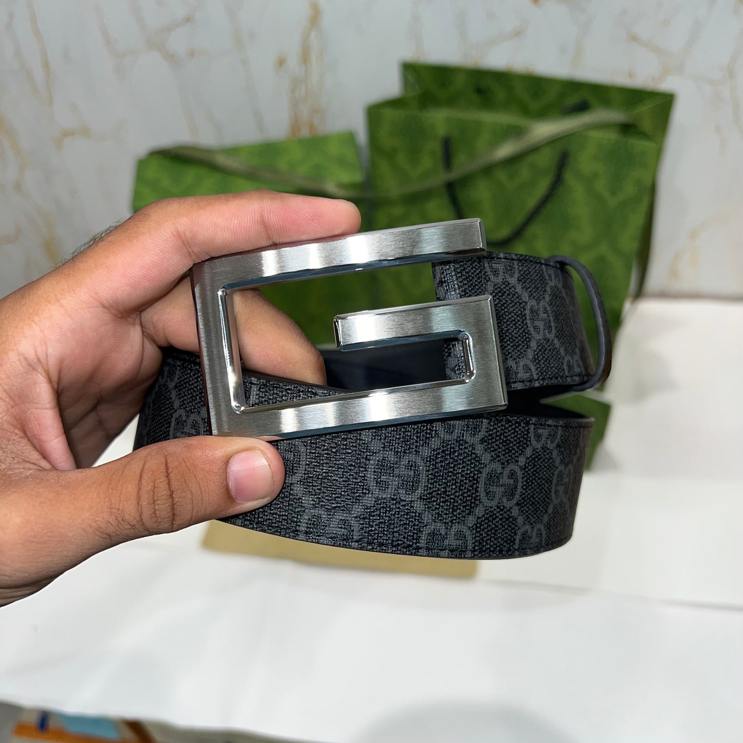 Gucci Silver G Buckle Supreme Belt Grey