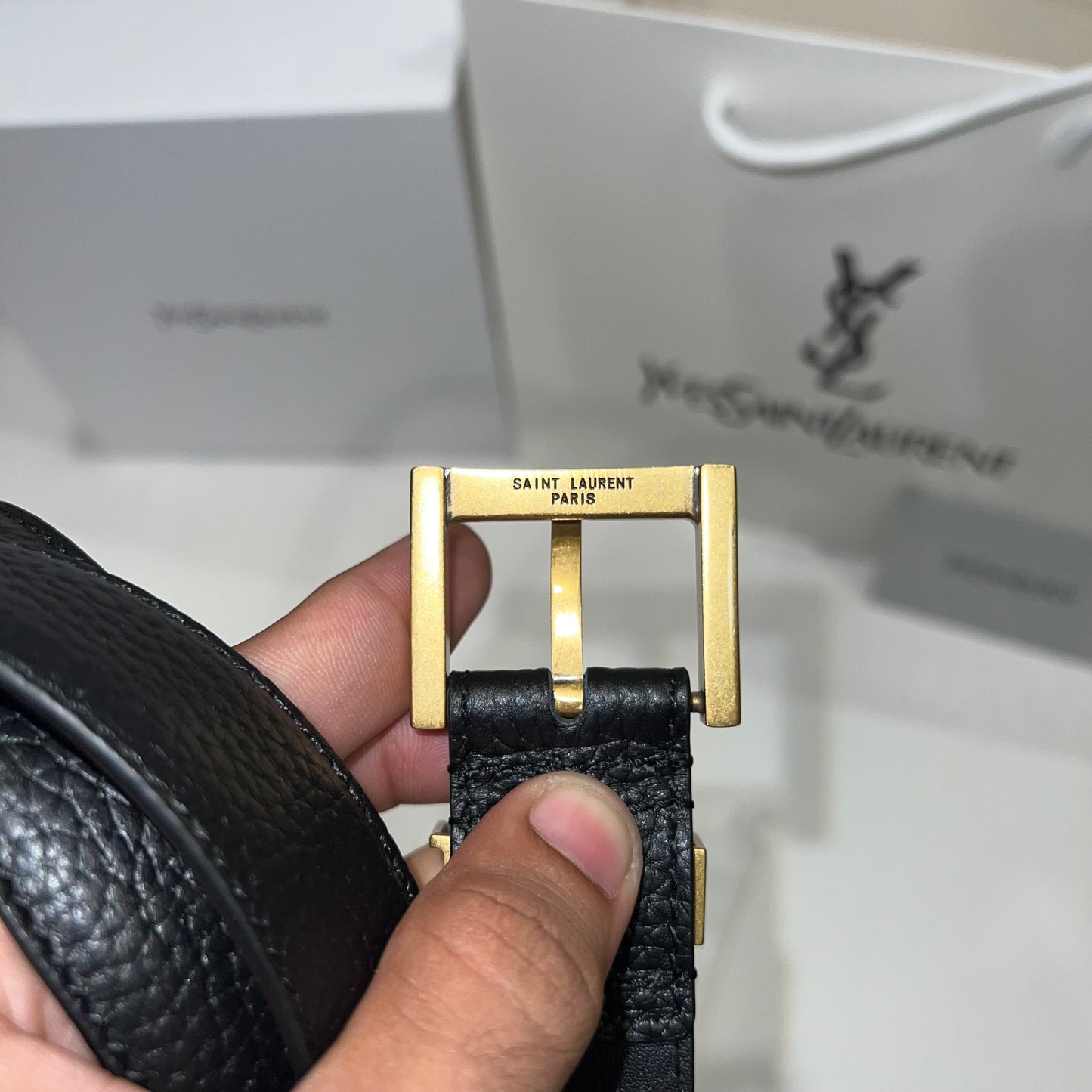 YSL Golden Logo Slim Belt Black