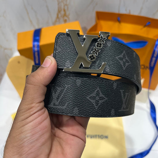 LV Silver Logo Grey Printed Reversible Belt Black
