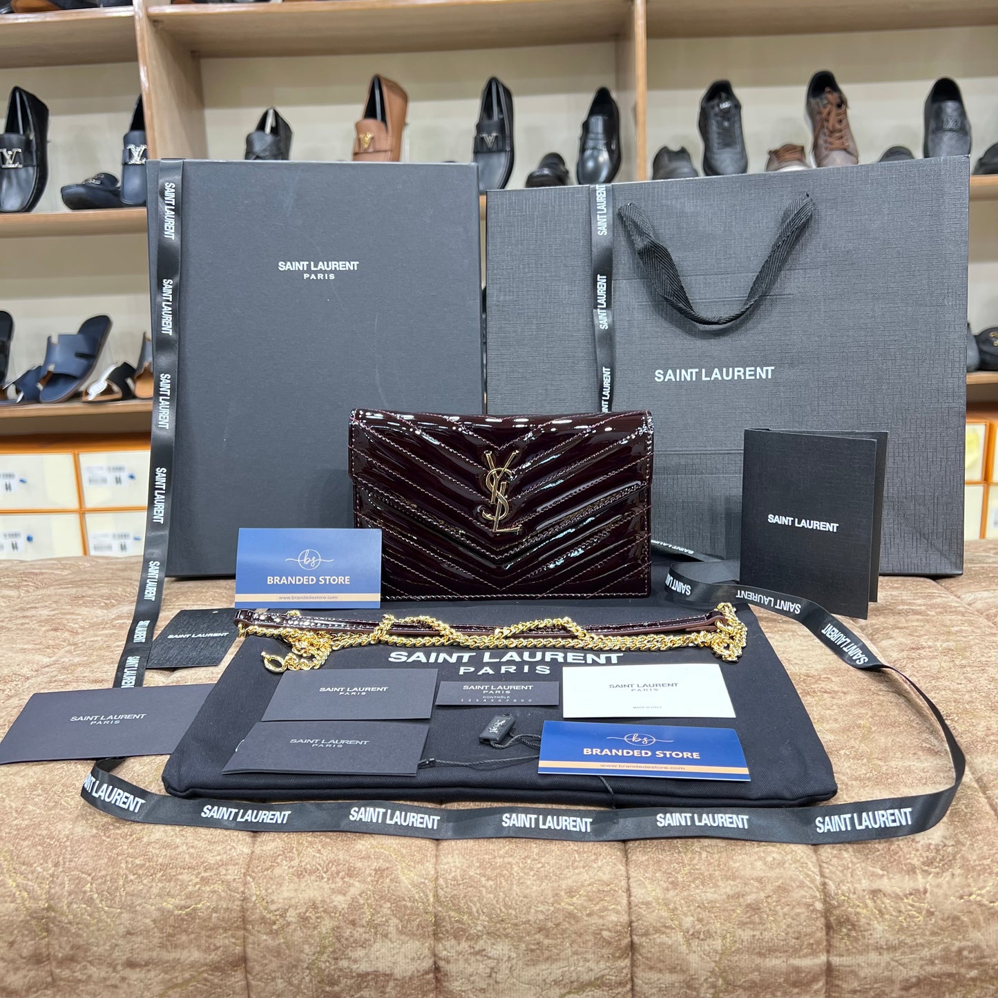 YSL College Mini Chain In Shiny Leather Bag Maroon