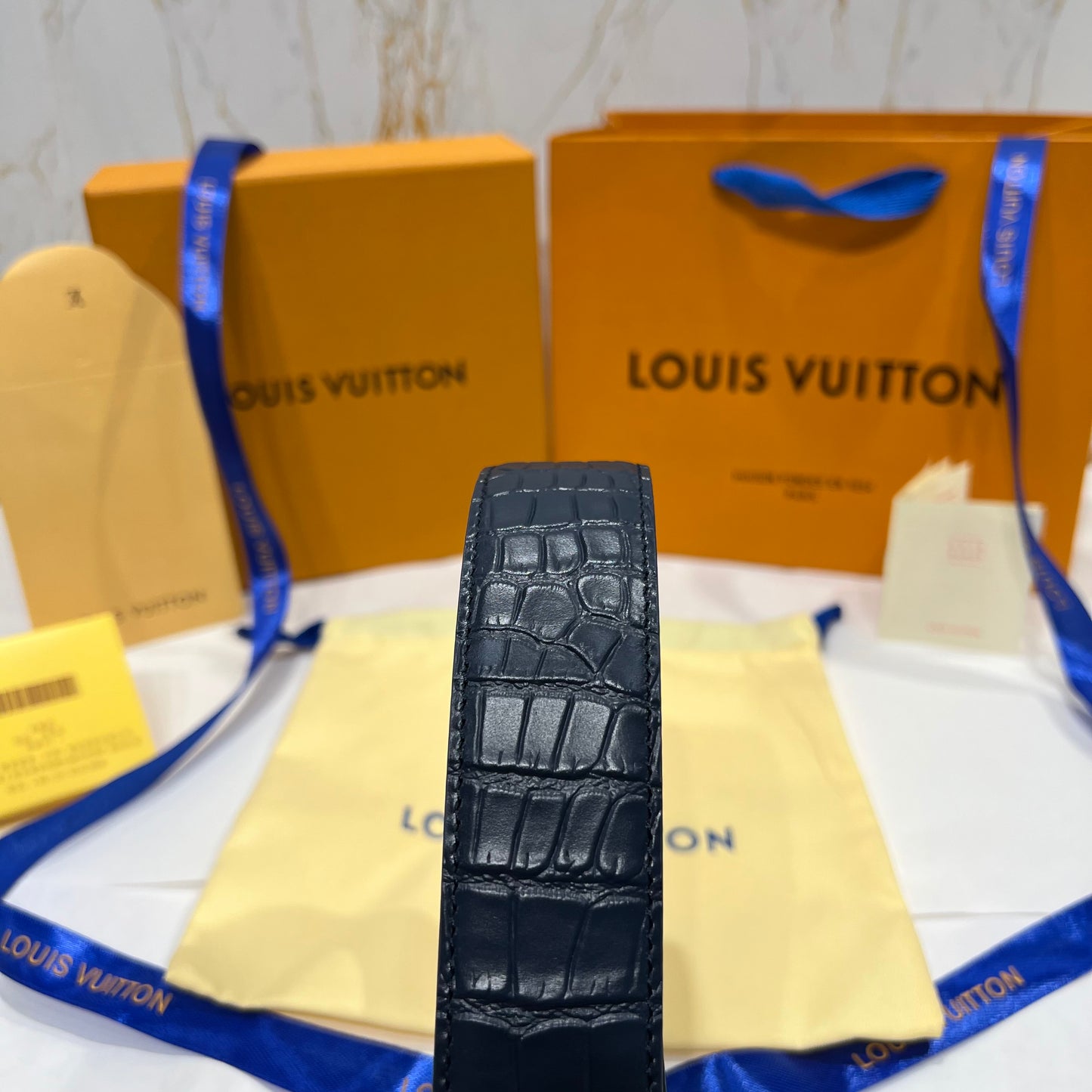 LV Silver Logo Blue Crocodile Skin Reversible Belt