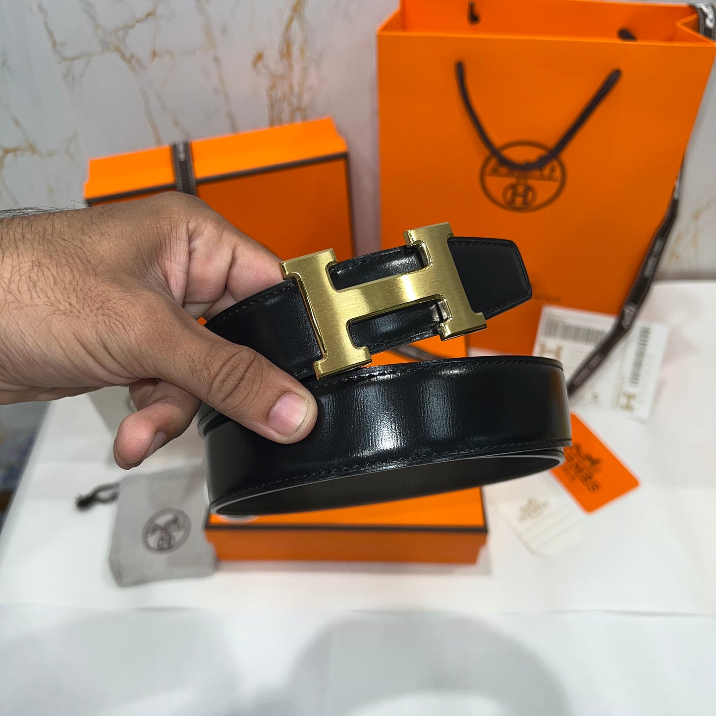 Hermes H Golden Buckle Belt Reversible Brown Black