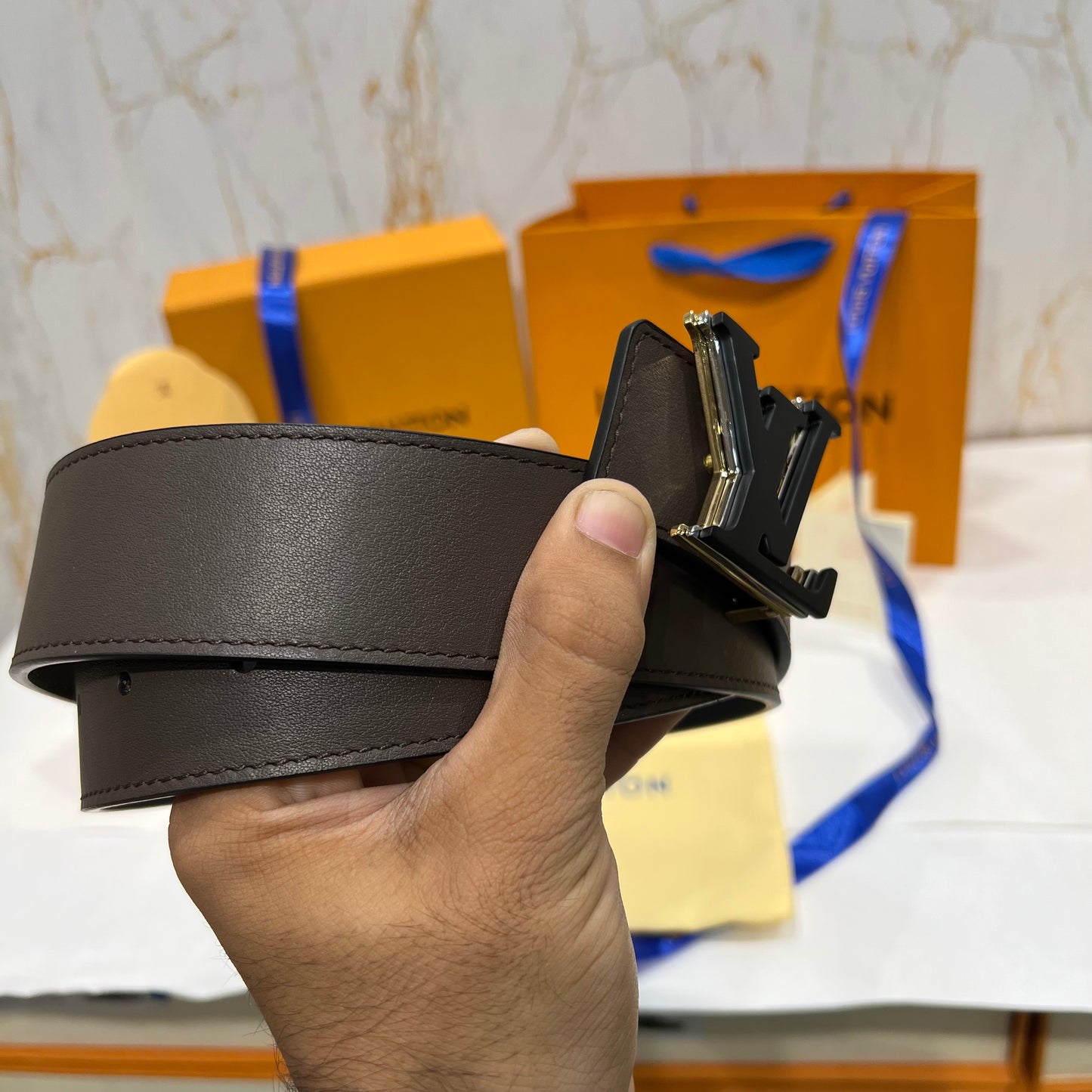 LV Triple Logo Belt Brown Pattern Black/Brown