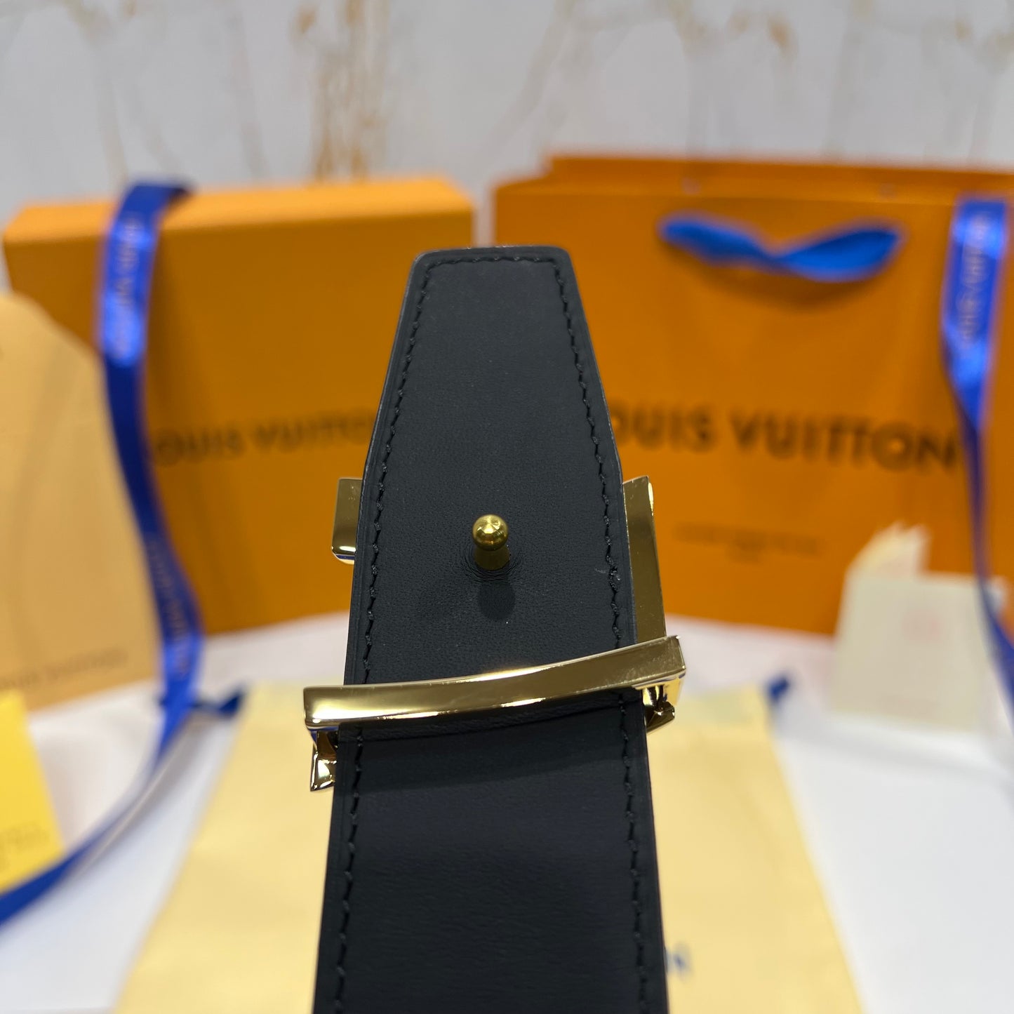 LV Golden Logo Reversible Belt Texture Brown/Black