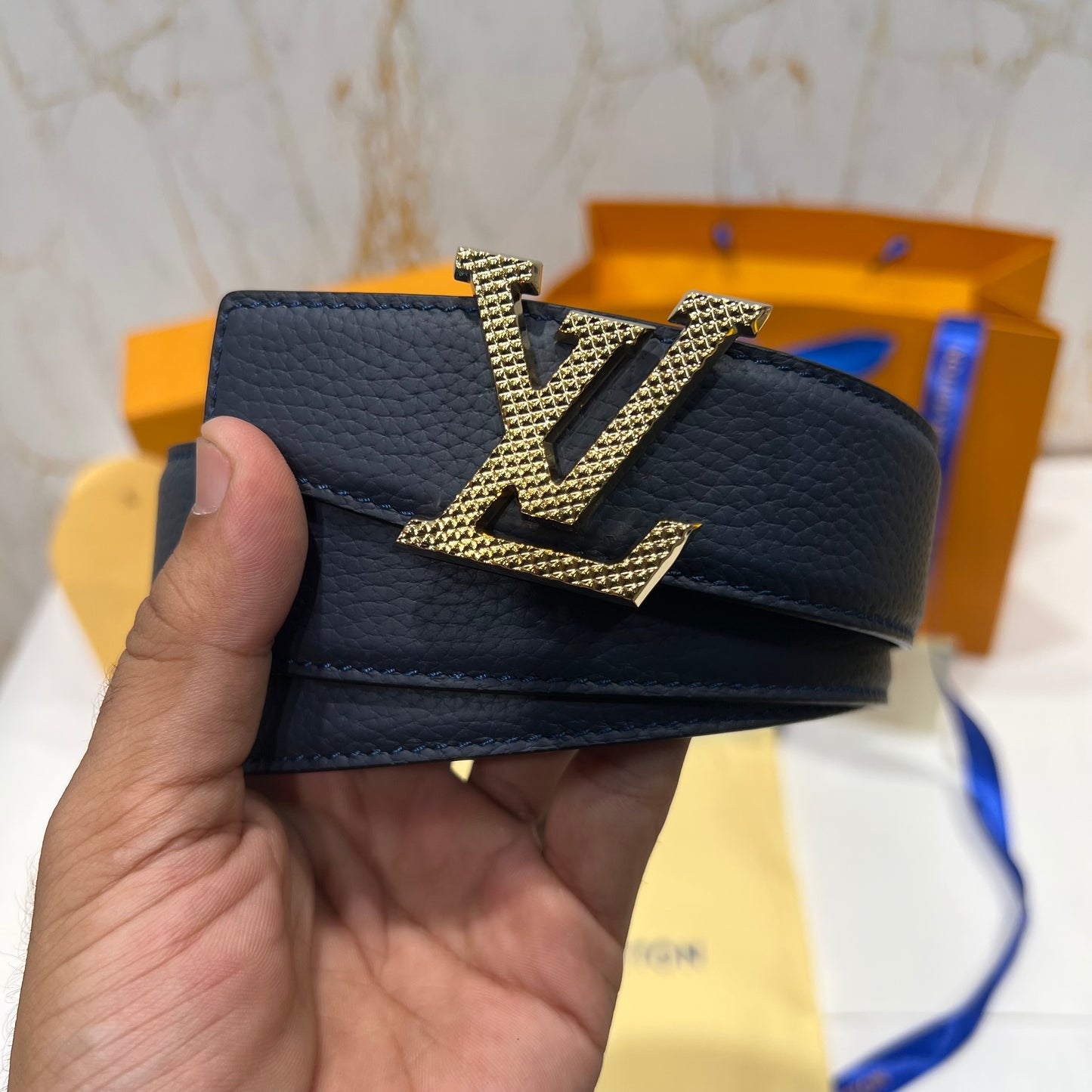 LV Golden Logo Reversible Belt Black/Blue